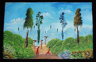 1980's Haitian Acrylic Mini Painting "Blue Jungle Rd" by illegible signed (Stea)