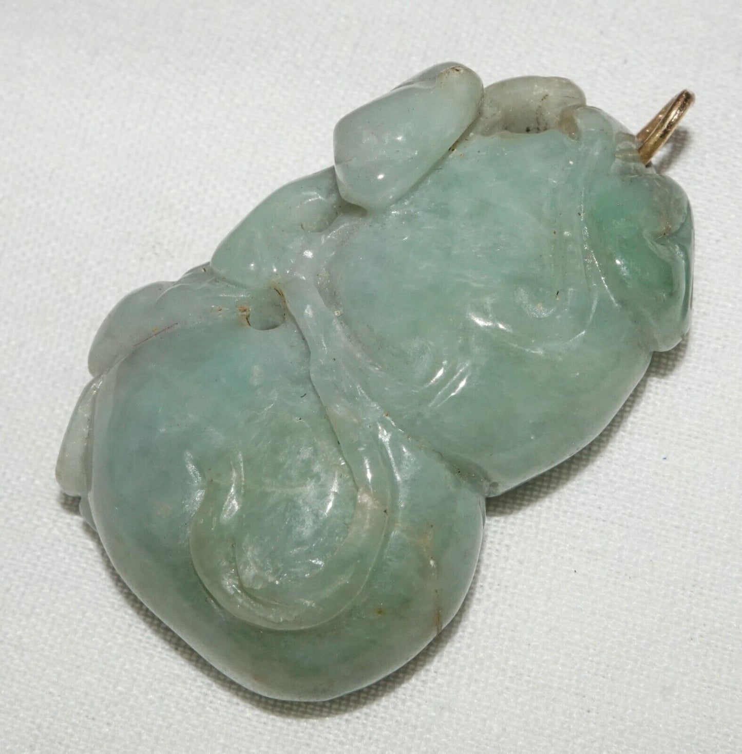 Vintage Chinese Double Gourd & Feline Motif Jadeite Jade Carved Pendant (AHB)