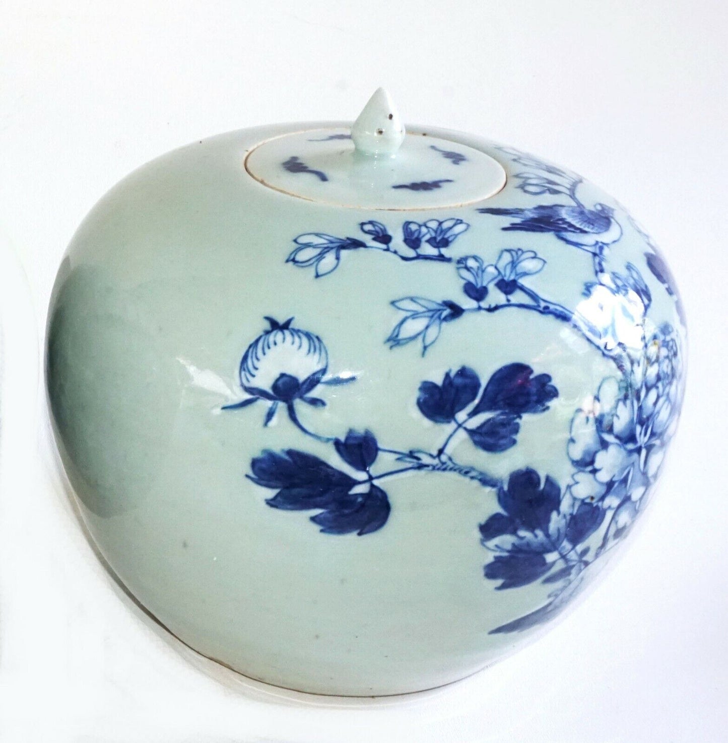 1900 Chinese Ginger Jar w. Blue & White Birds on Flowering Branches Motif (AHB)