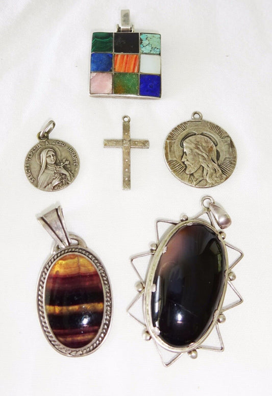 6xPc Sterling Silver Mixed Pendant Lot, Religious Medals, Cross, Gemstone (Mal)