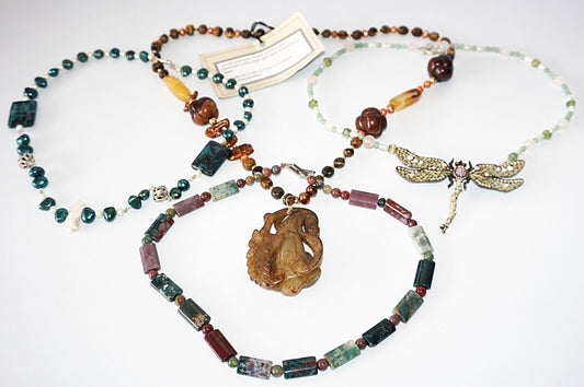 4x Chinese Mixed Bead Necklaces w Quartz, Serpentine + by Yasue Yamada (Yam)#10