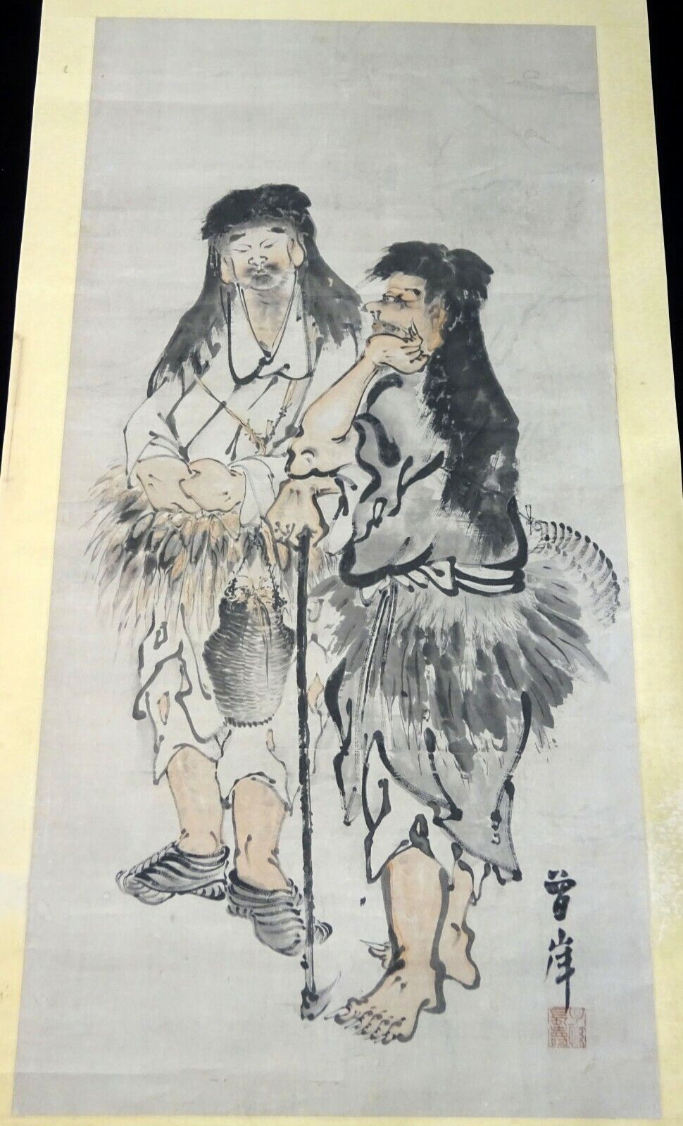 19C Chinese Ink Painting on Paper Scroll Two Daoist Immortals sign Cengan (StP)