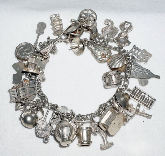 Vintage Sterling Silver Charm Bracelet w. 40x World & Travel Charms (BrM)#6