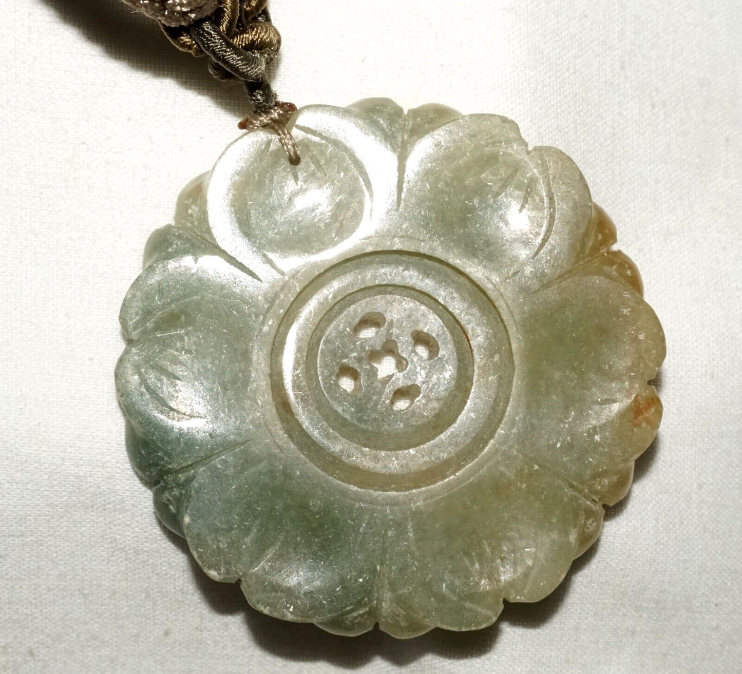 Antique Chinese Jade Carved Flower Pendant w. Double Spinning Center (LeS)L24