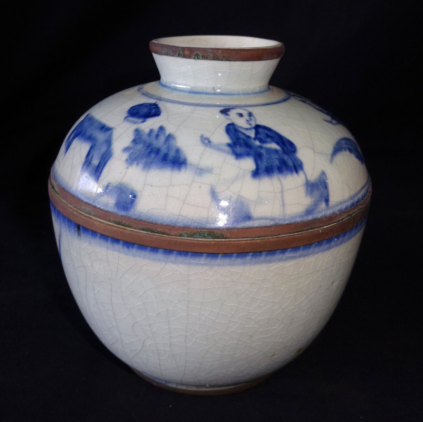 19C Chinese Blue & White Design Covered Pot w. Figures in Landscape Motif (Drc)