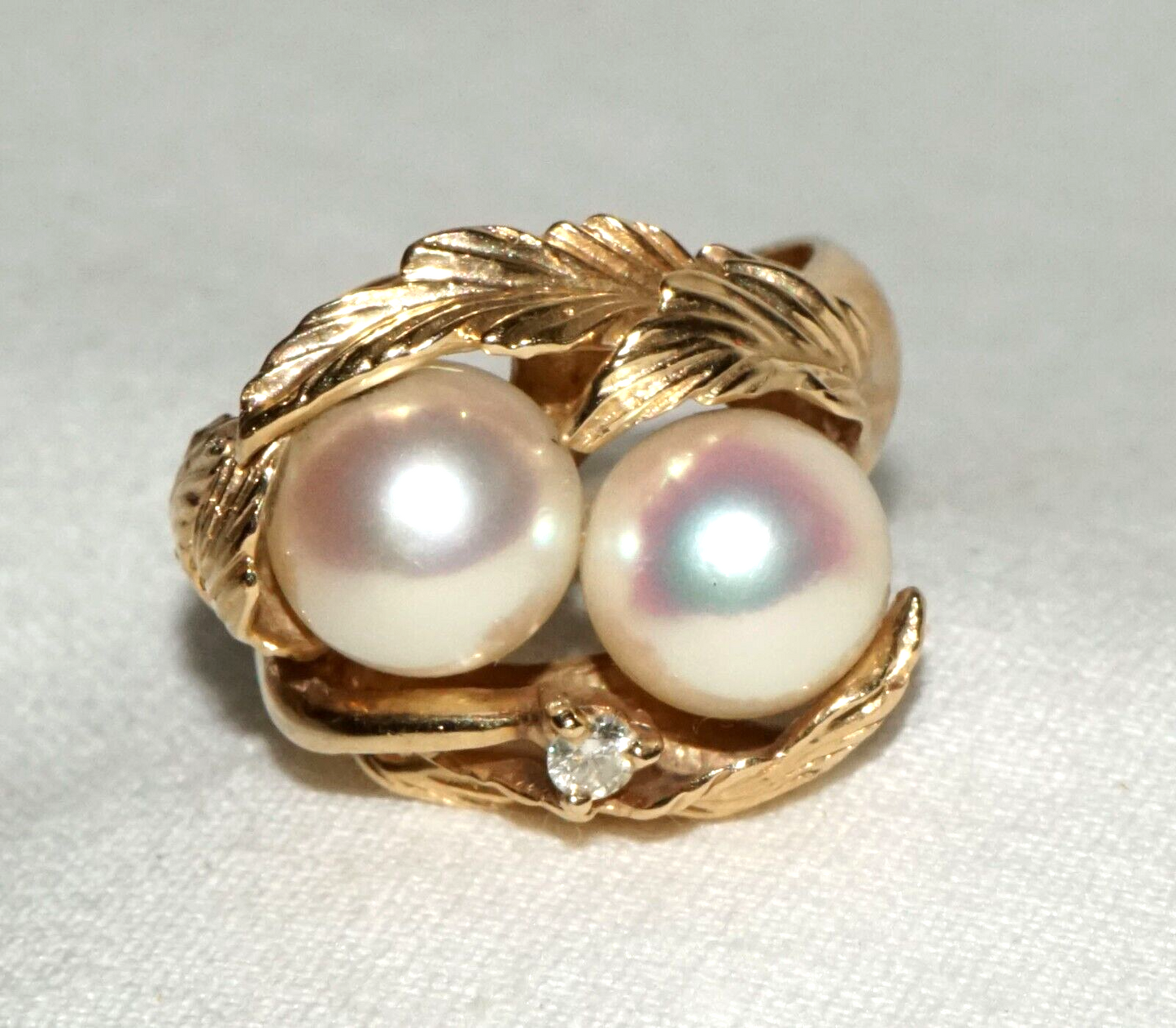 Vintage US 14k Yellow Gold Ring Sz.6.5 w. 2x Pearls & 1x Diamond Accent (FeD)