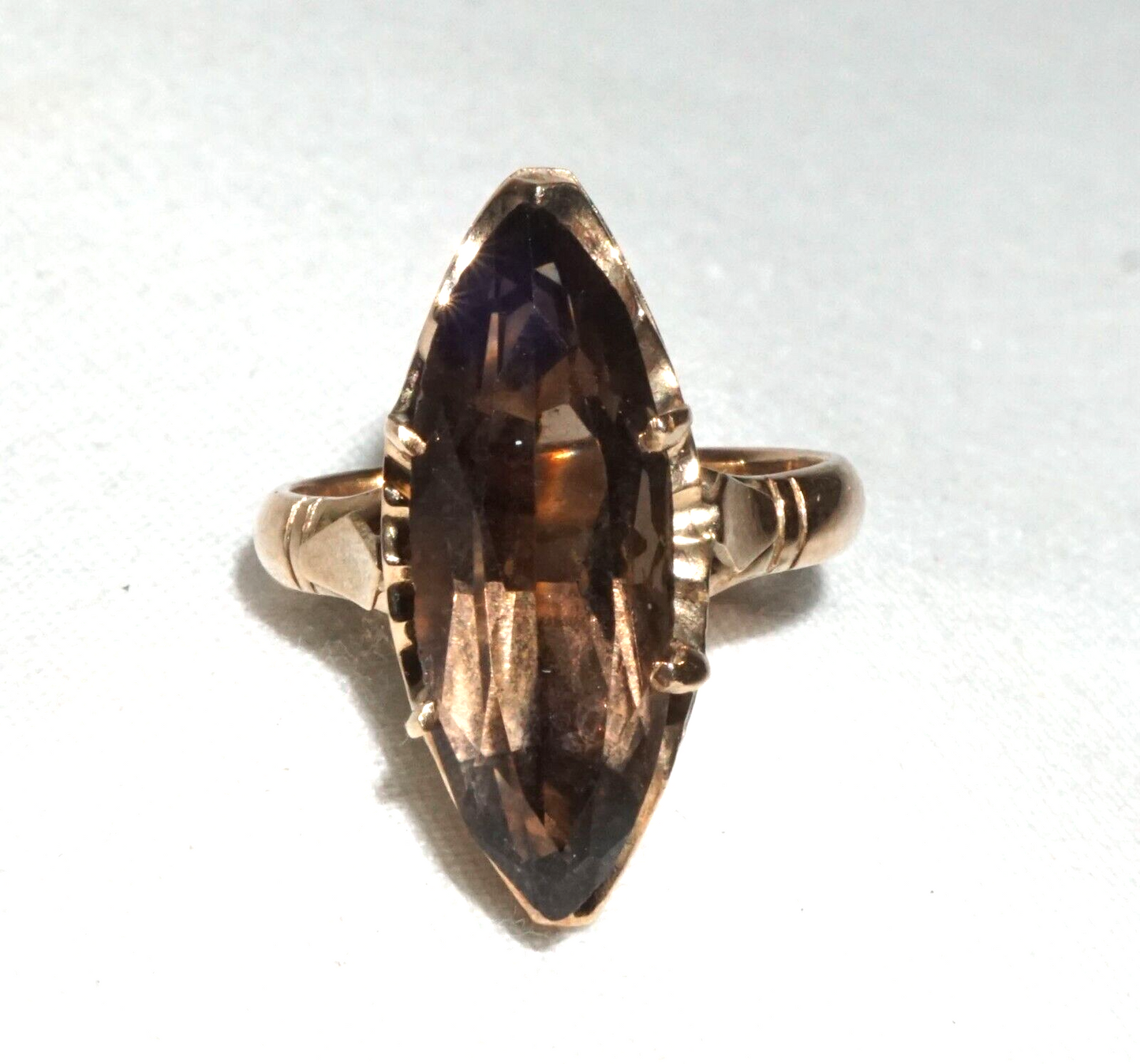 Vintage 14k Yellow Gold Ring Sz.5.5 set 1x Marquise Cut Smoky Quartz (BrM)L3