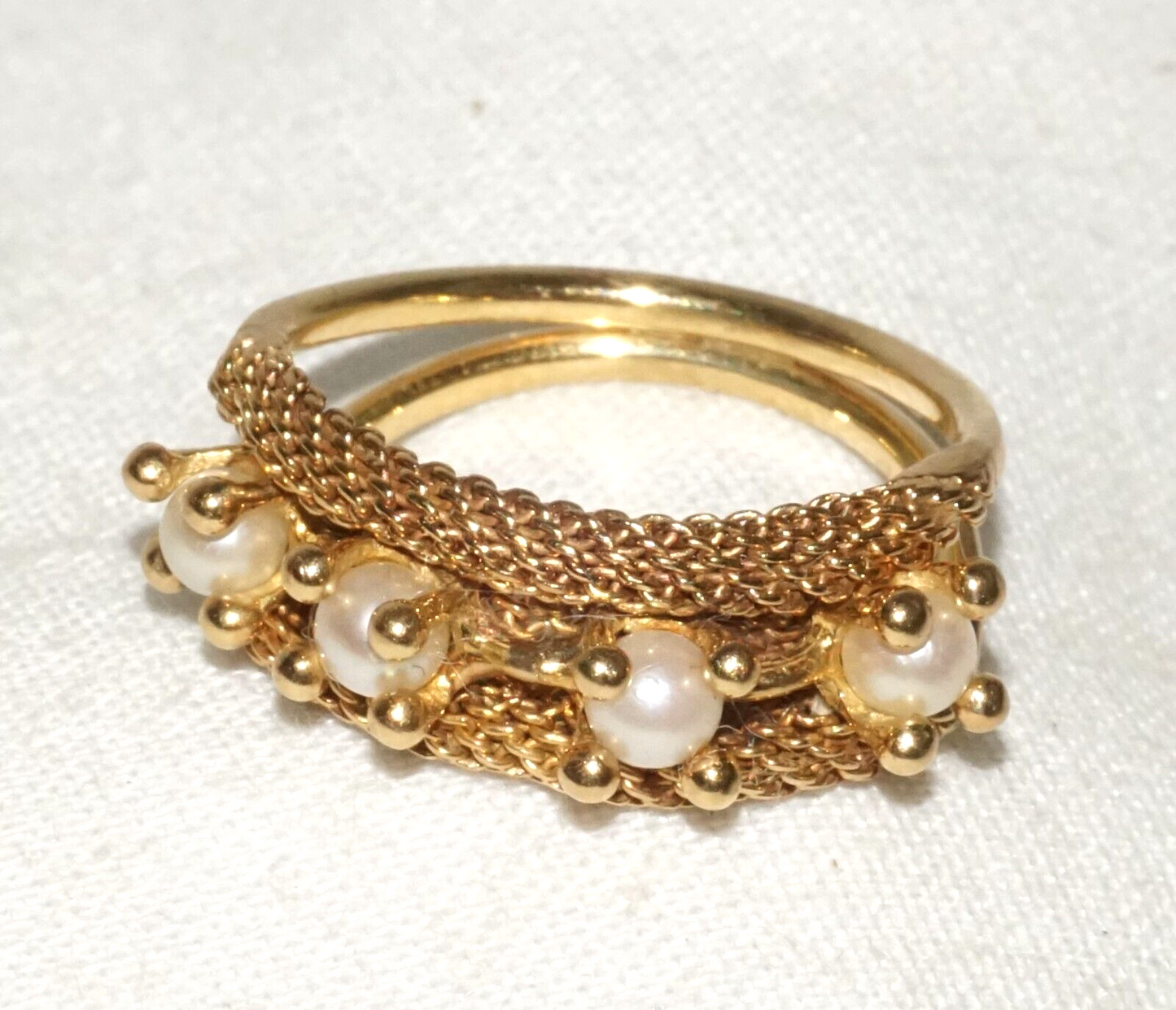 Vintage Yellow Gold Ring Sz.5 w. Woven Accent set w. 4x Pearls (BeM)#3