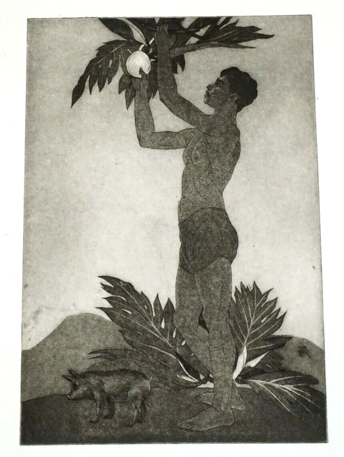 1939 Hawaii Etching Aquatint Print Breadfruit Boy by John Melville Kelly (Kel)