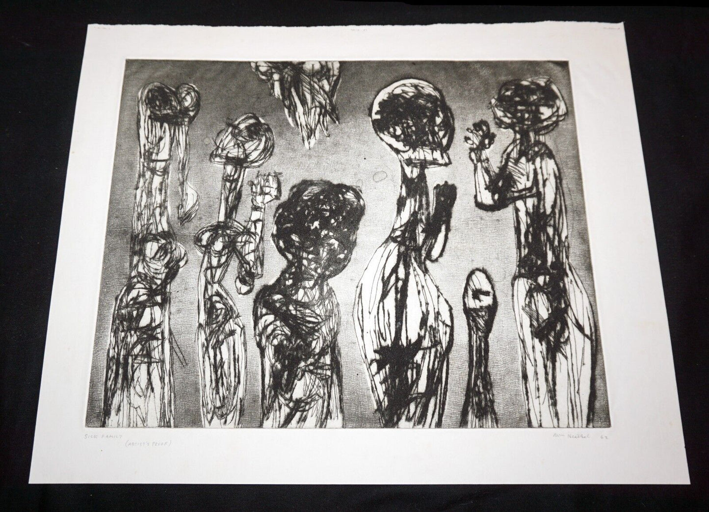 '62 California Abstract Etching Print "Sick Family" by William Hesthal (Mod)