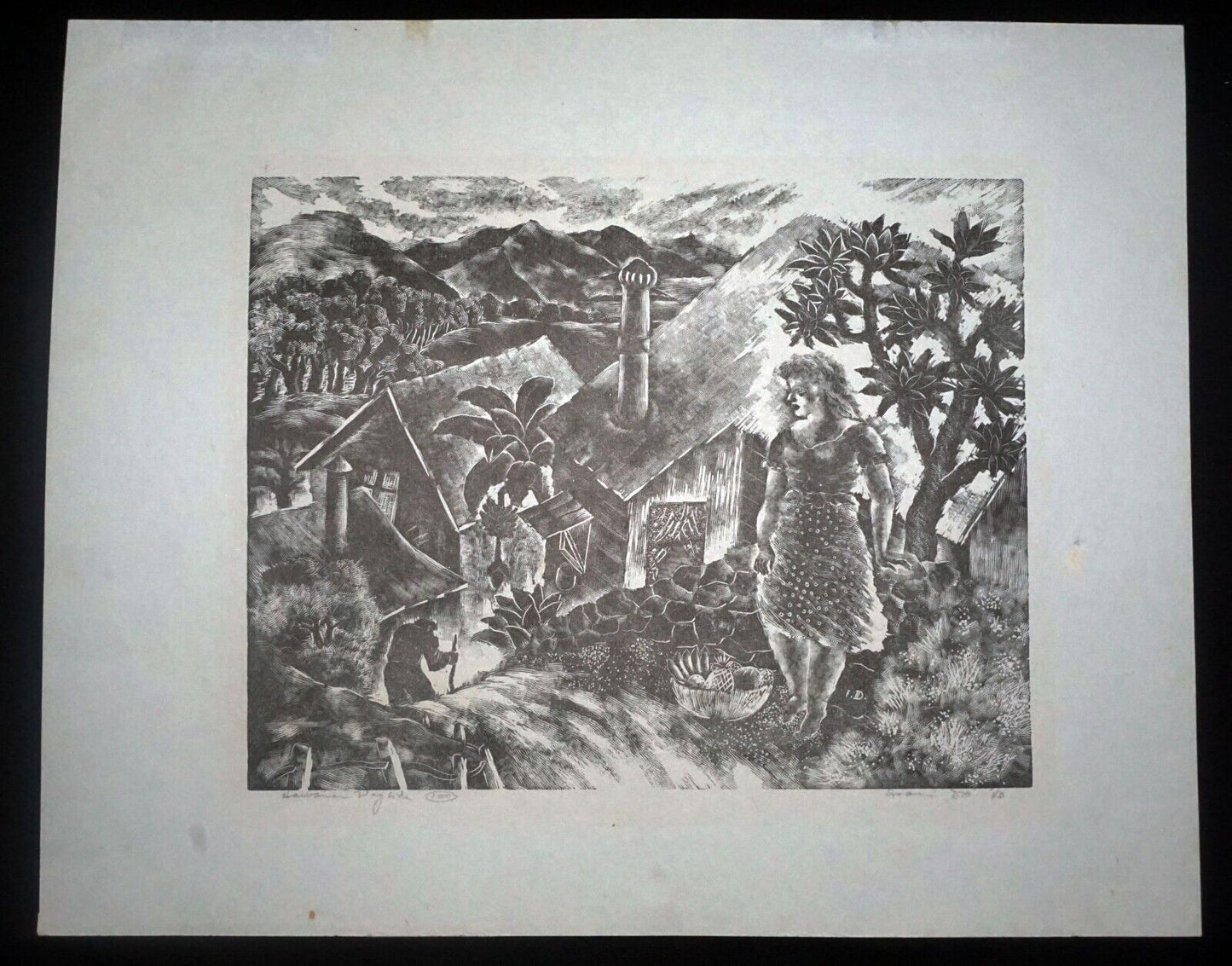 1940 Hawaii Linocut Print Hawaiian Wayside by Isami Doi (1903-1965) (LLA)