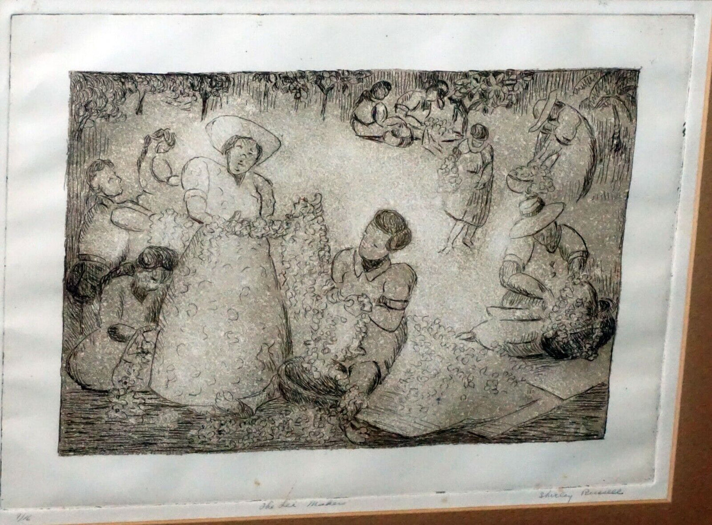 '40s Hawaii Etching Print "The Lei Makers" by Shirley Russell (1886-1985) (MaM)