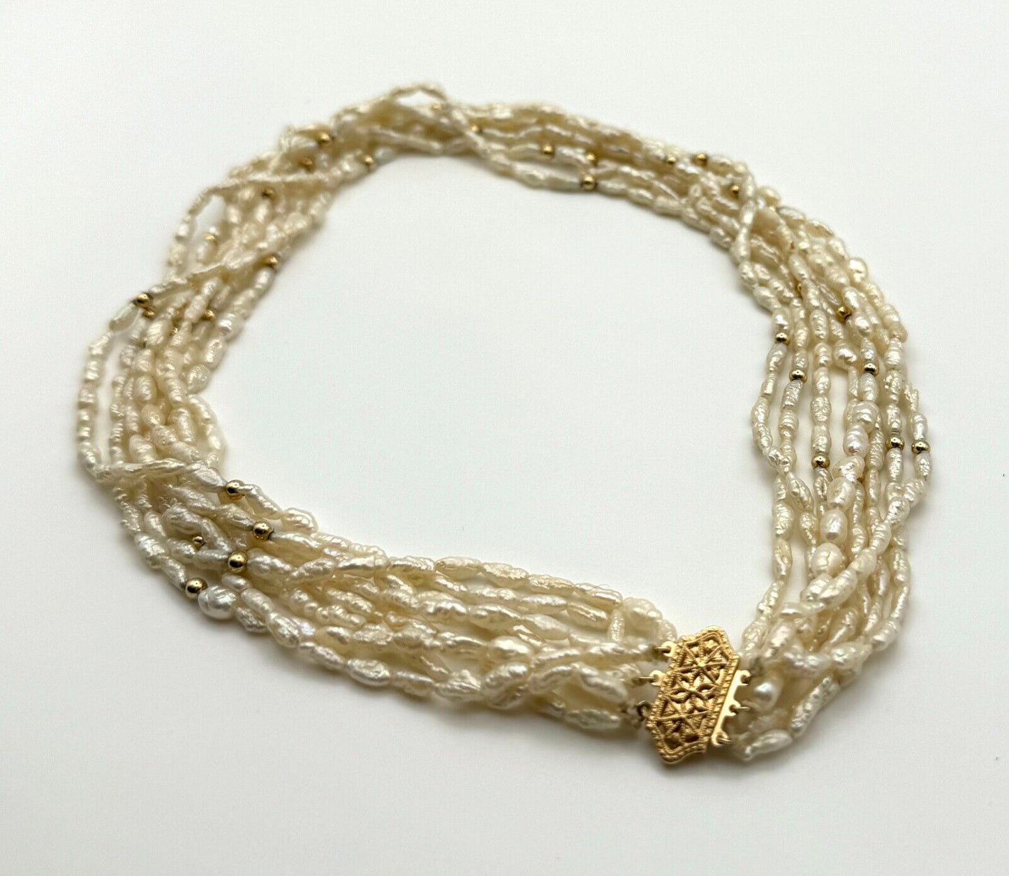 Vintage 8 Strand Seed Pearl Necklace 16" w 14k Gold Pierced Work Clasp (KnK)