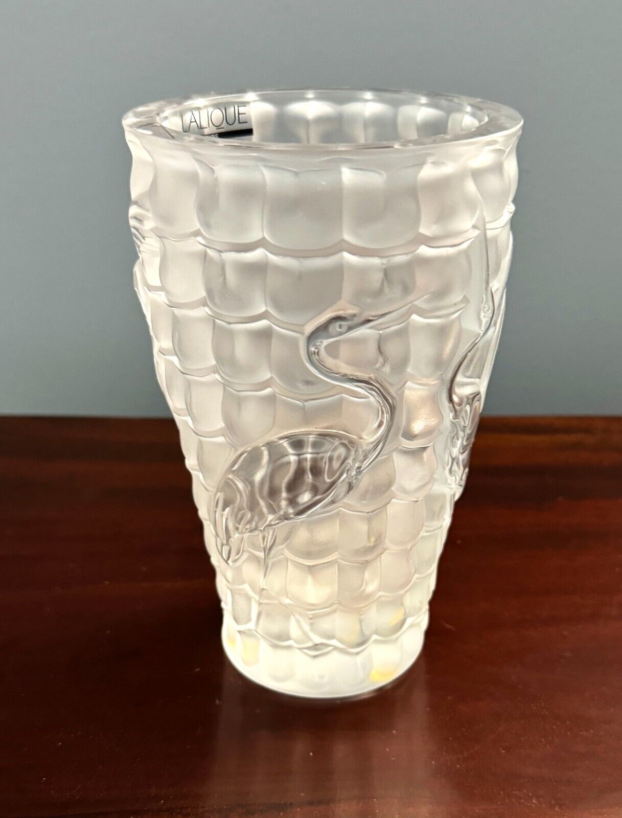 Vintage French Lalique Frosted Crane Vase With Box (InS)