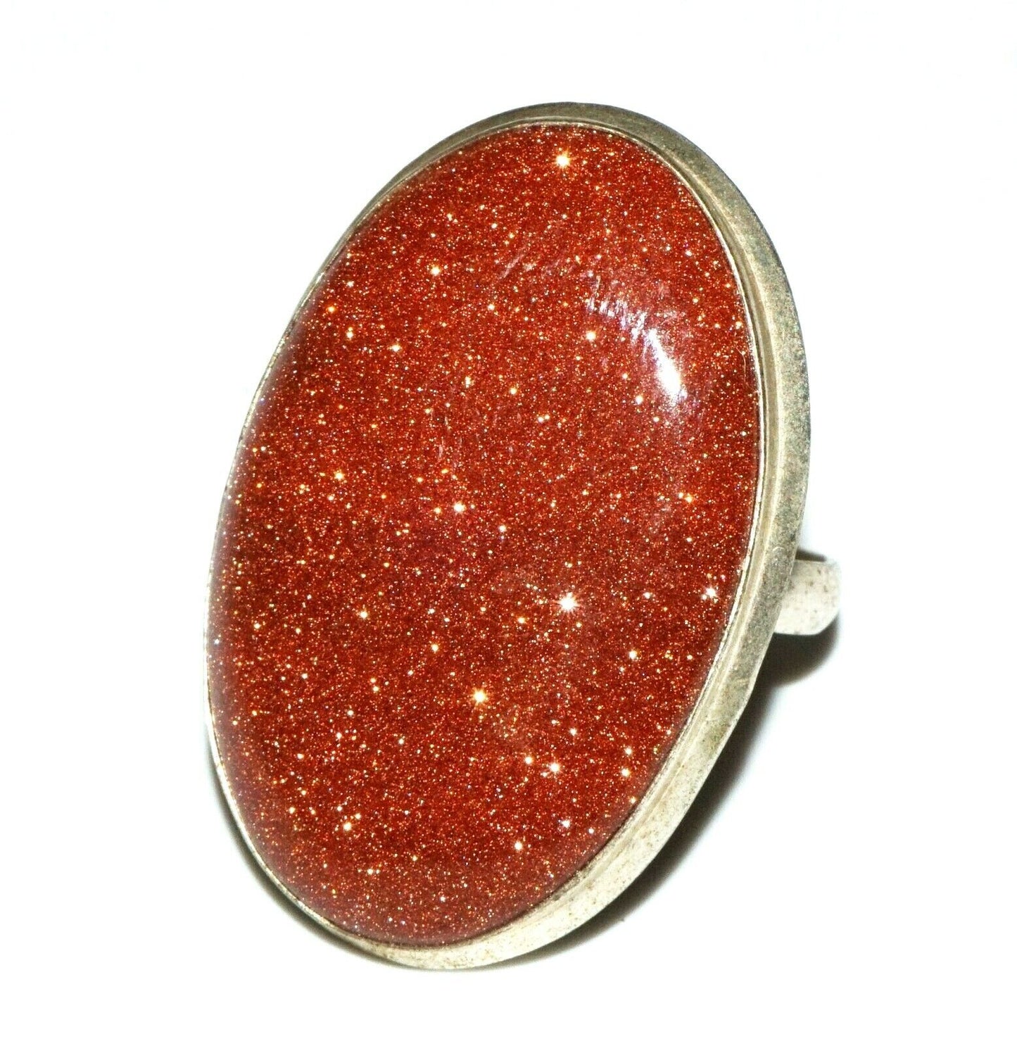 Vintage Sterling Silver Ring 7.5 set w. Sparkly Sunstone Cabochon (FeO) #NN