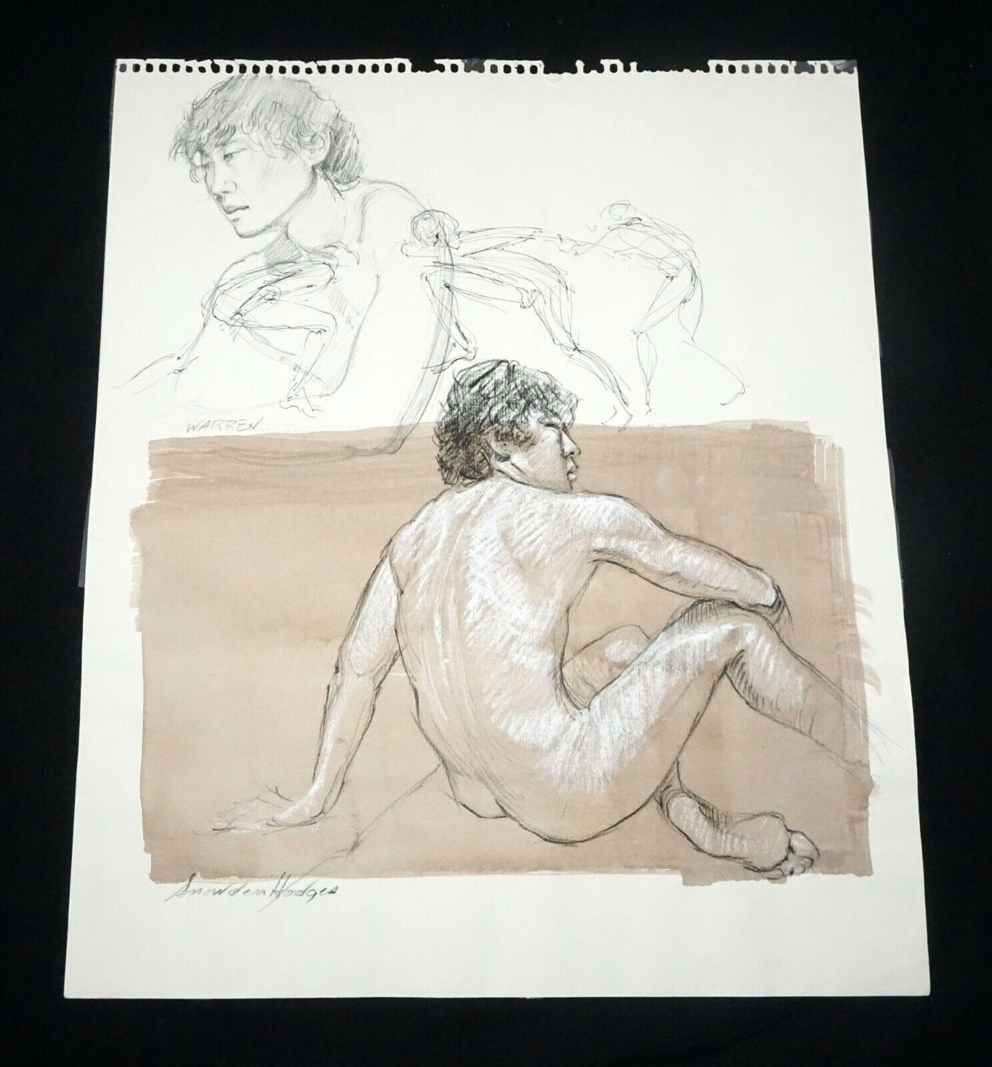 Hawaii Conte WC Wash Painting Seated Asian Male Nude by Snowden Hodges (Sho)#22