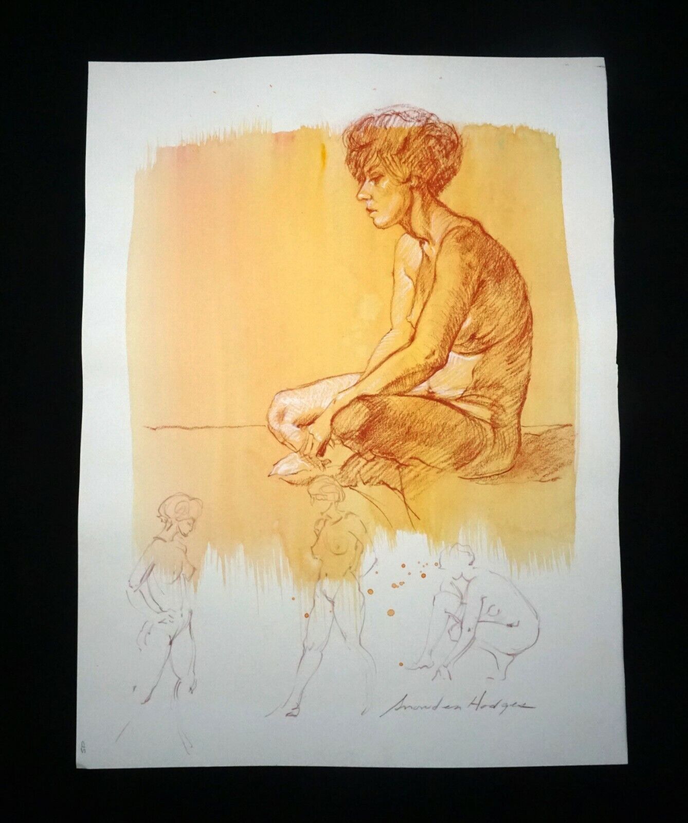 Hawaii Mixed Media Wash Painting Seated Female Nude Side Snowden Hodges(Sho)#129