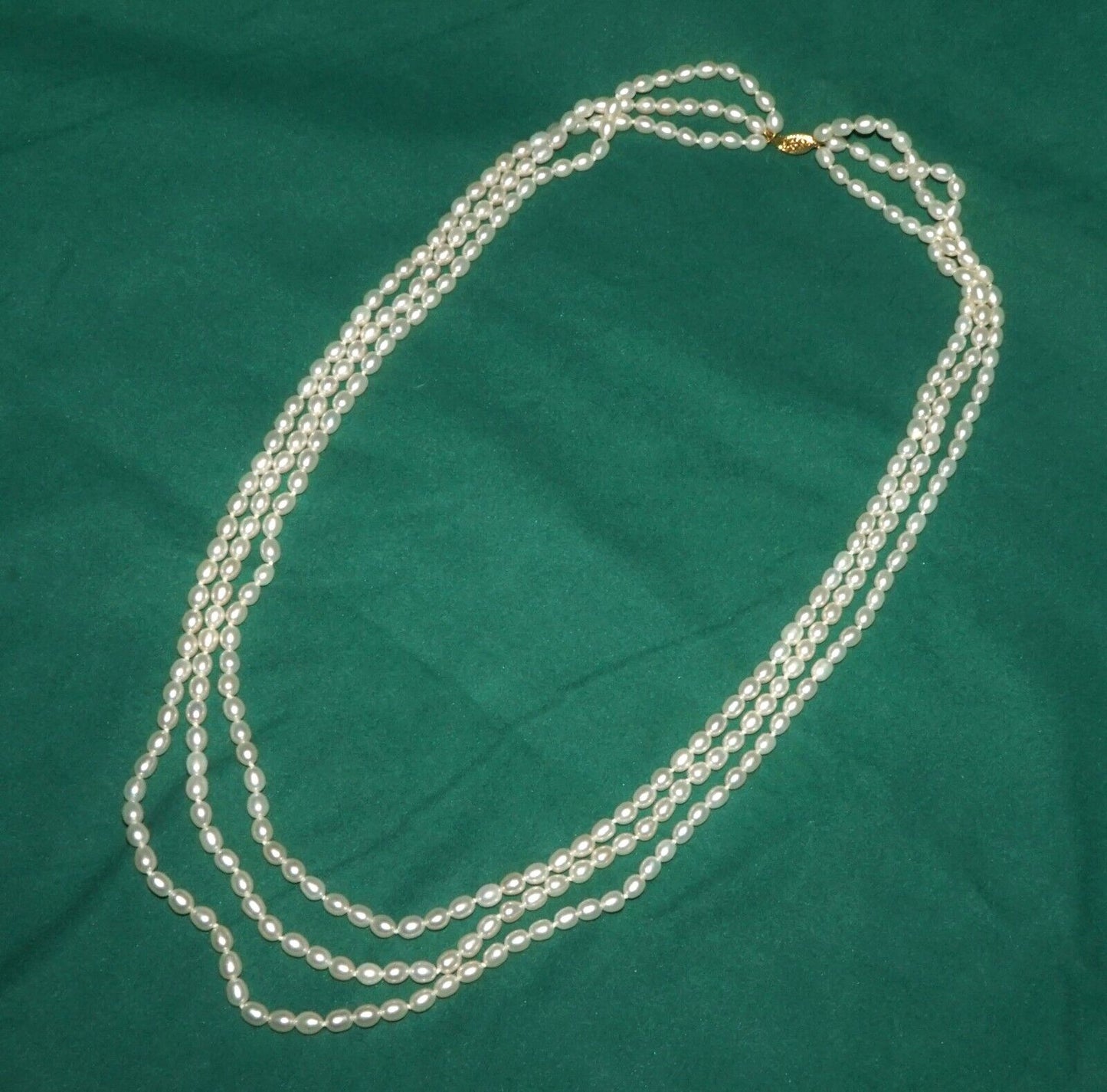 Vintage Triple Strand Oval Freshwater Pearl 26" Necklace w 18k Gold Clasp (AHB)