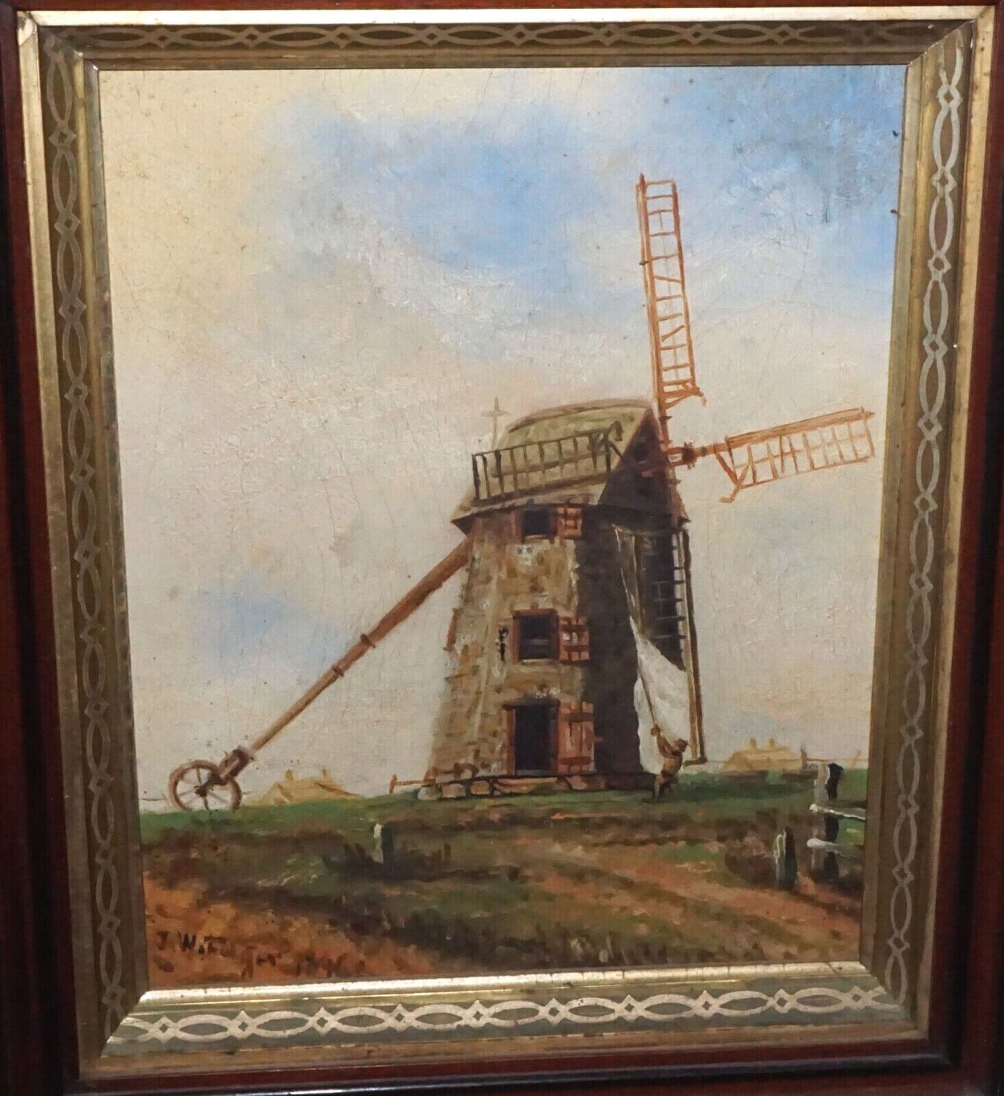 1896 US Oil Painting Old Nantucket Windmill James Walter Folger (1851-1918)(WoJ)