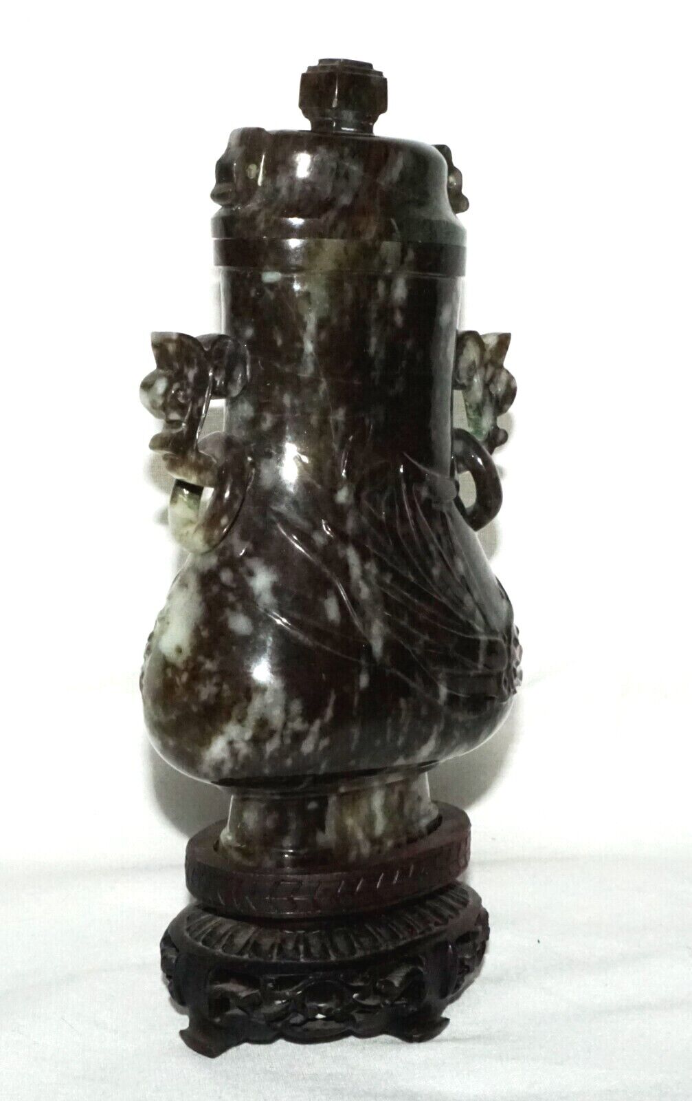 Vintage Chinese Mottled Black Jadeite Jade Baluster Covered Vase on Stand (LeD)