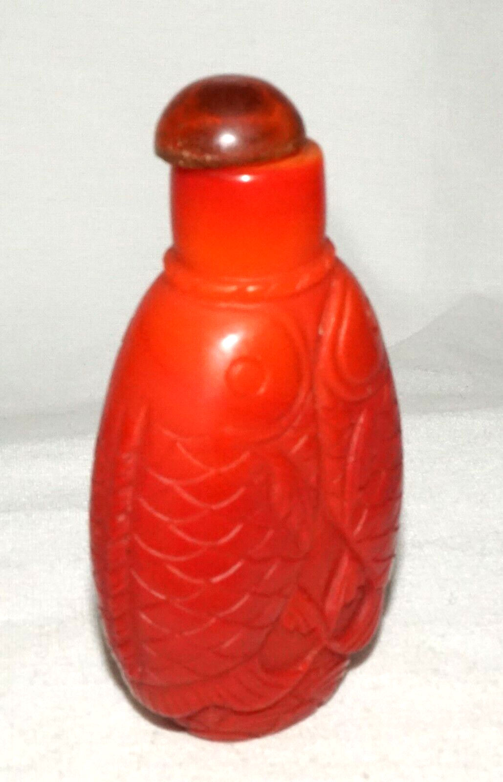 Vintage Chinese Red Glass Snuff Bottle w. Double Leaping Carp Motif (FeH)