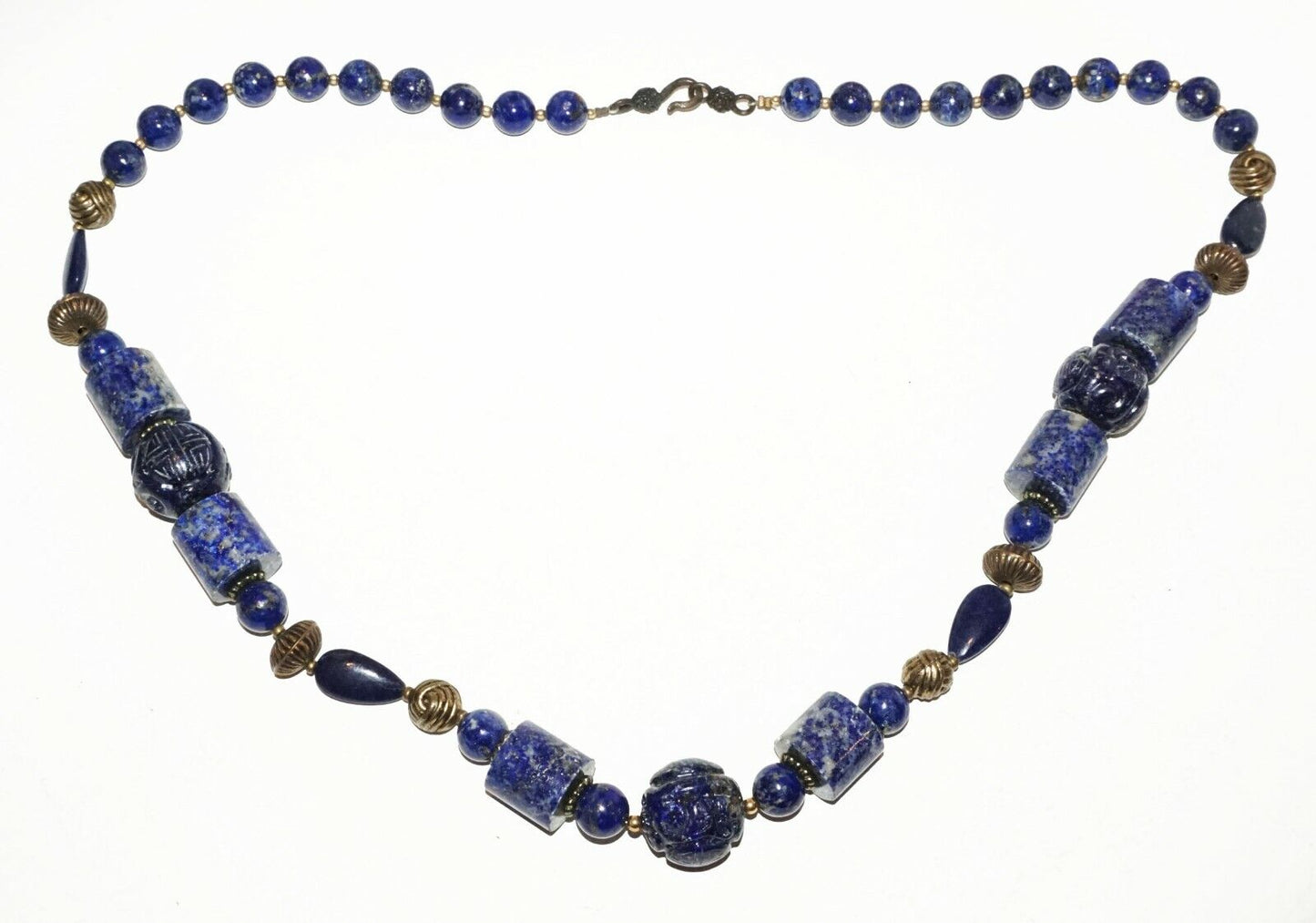 Vintage Chinese Lapis Lazuli Bead Necklace w. Plain & Carved Beads (HaY)#18