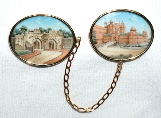 Antique 14k Yellow Gold Oval Painted Plaque w. Castle Motif Double Brooch (GeB)6