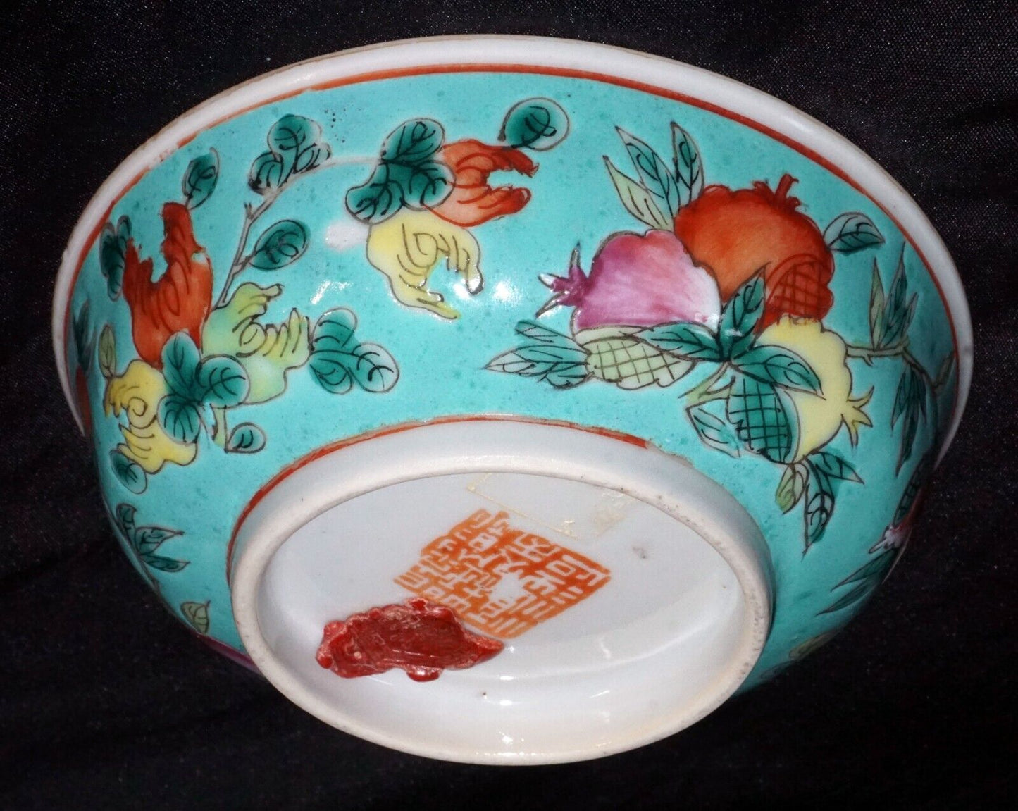 Antique Chinese Porcelain Bowl Multicolor Fruit Turquoise Ground Motif (WCa) IC