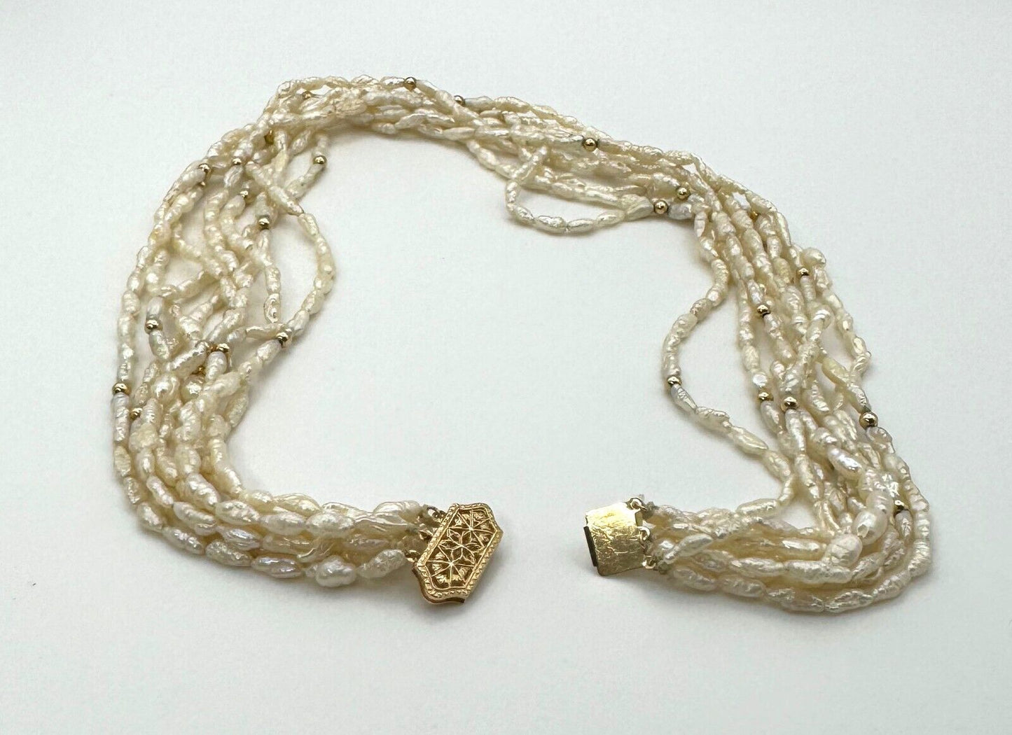 Vintage 8 Strand Seed Pearl Necklace 16" w 14k Gold Pierced Work Clasp (KnK)