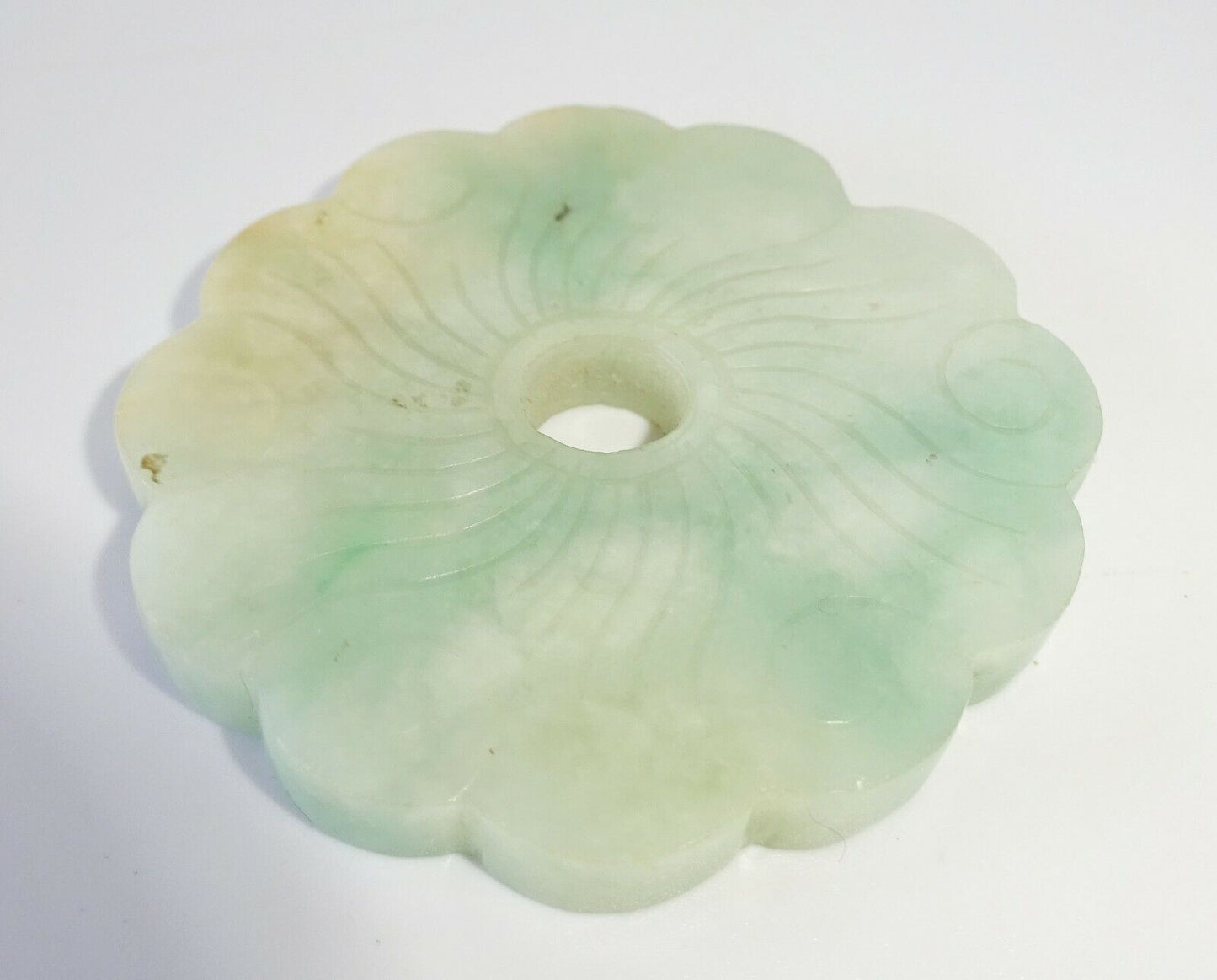 20C Chinese Mottled Jadeite Jade Incised Flower Motif Disk Carving (FeO) #37b