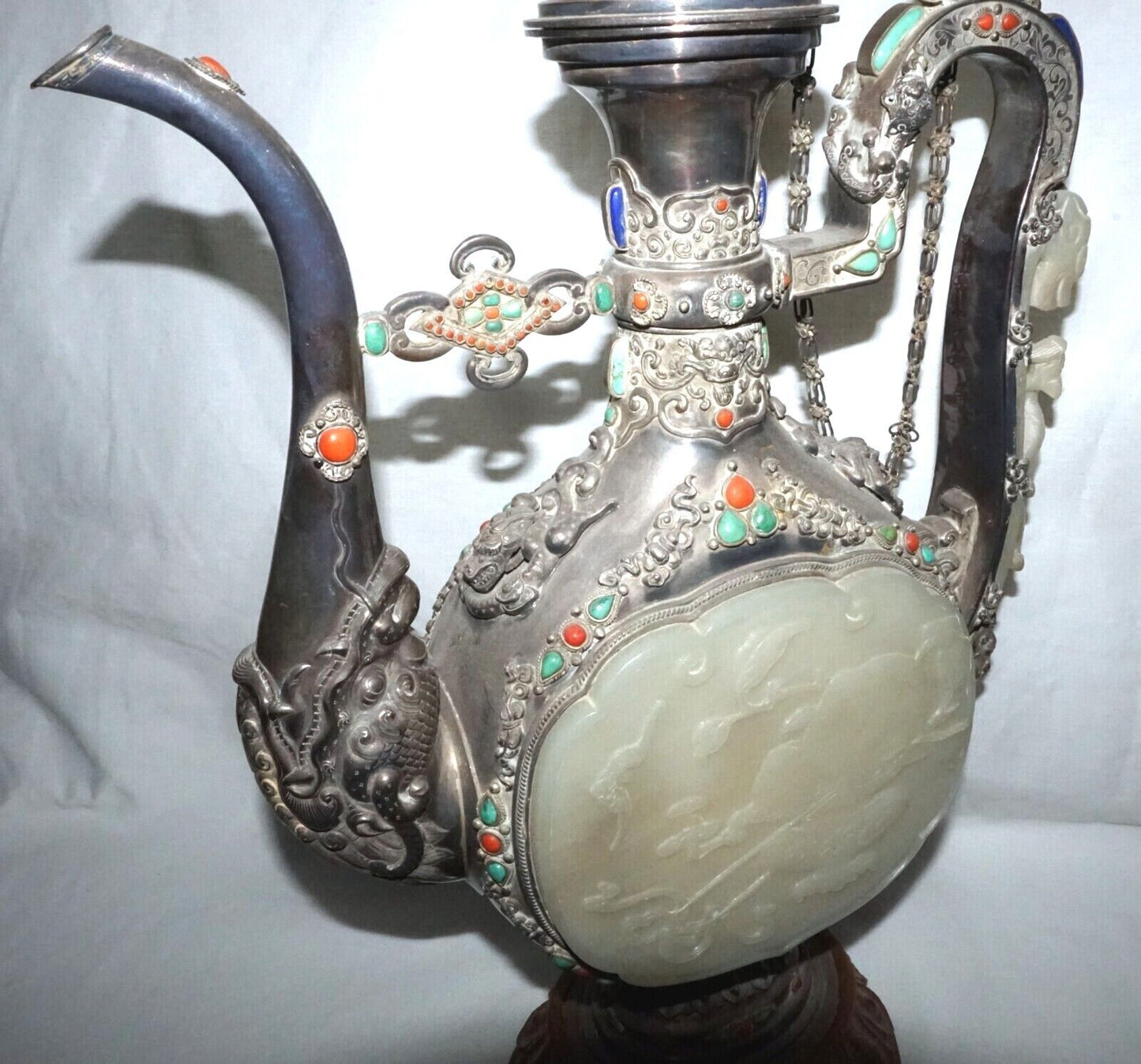 Mongolian Silver Ewer w. White Jade Plaques Dragon Hook Coral Turquoise (LeD)