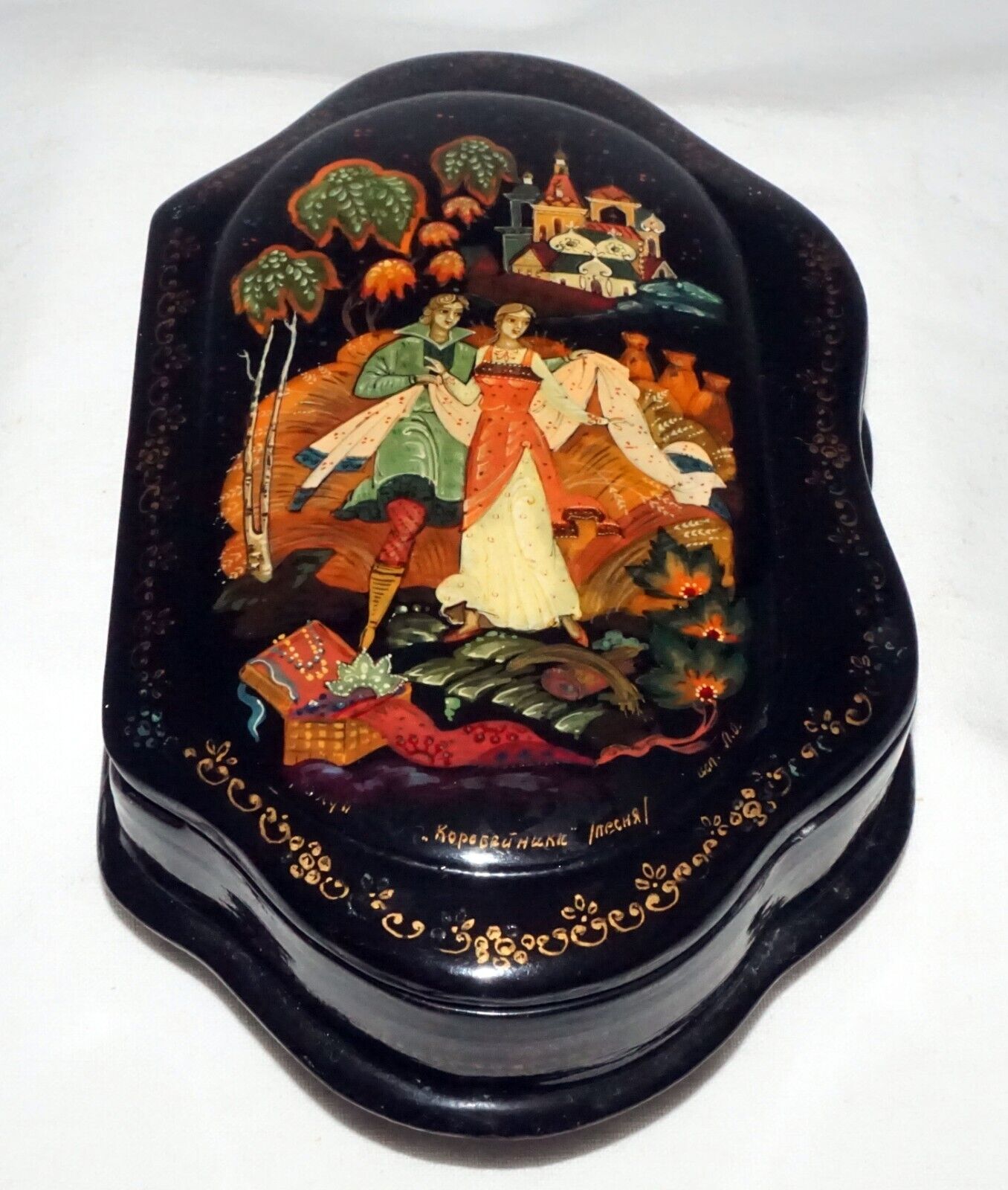 Vintage Russian Hinged Top Lacquer Box Figures in Landscape signed (AHB)