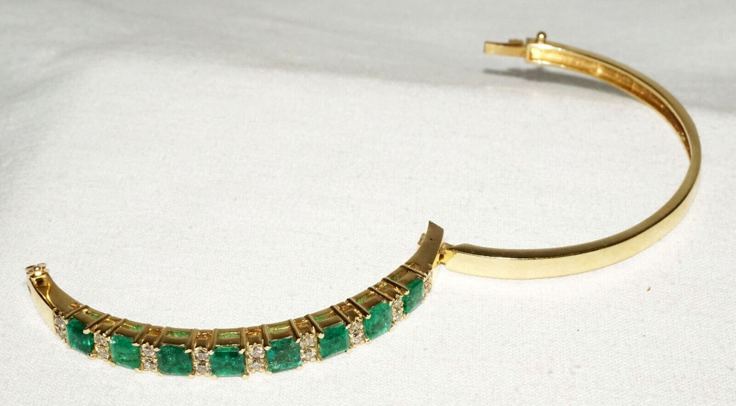 14k Yellow Gold Hinged Bangle Bracelet 4.49ct. Emeralds & 18x Diamonds (GoB) #32