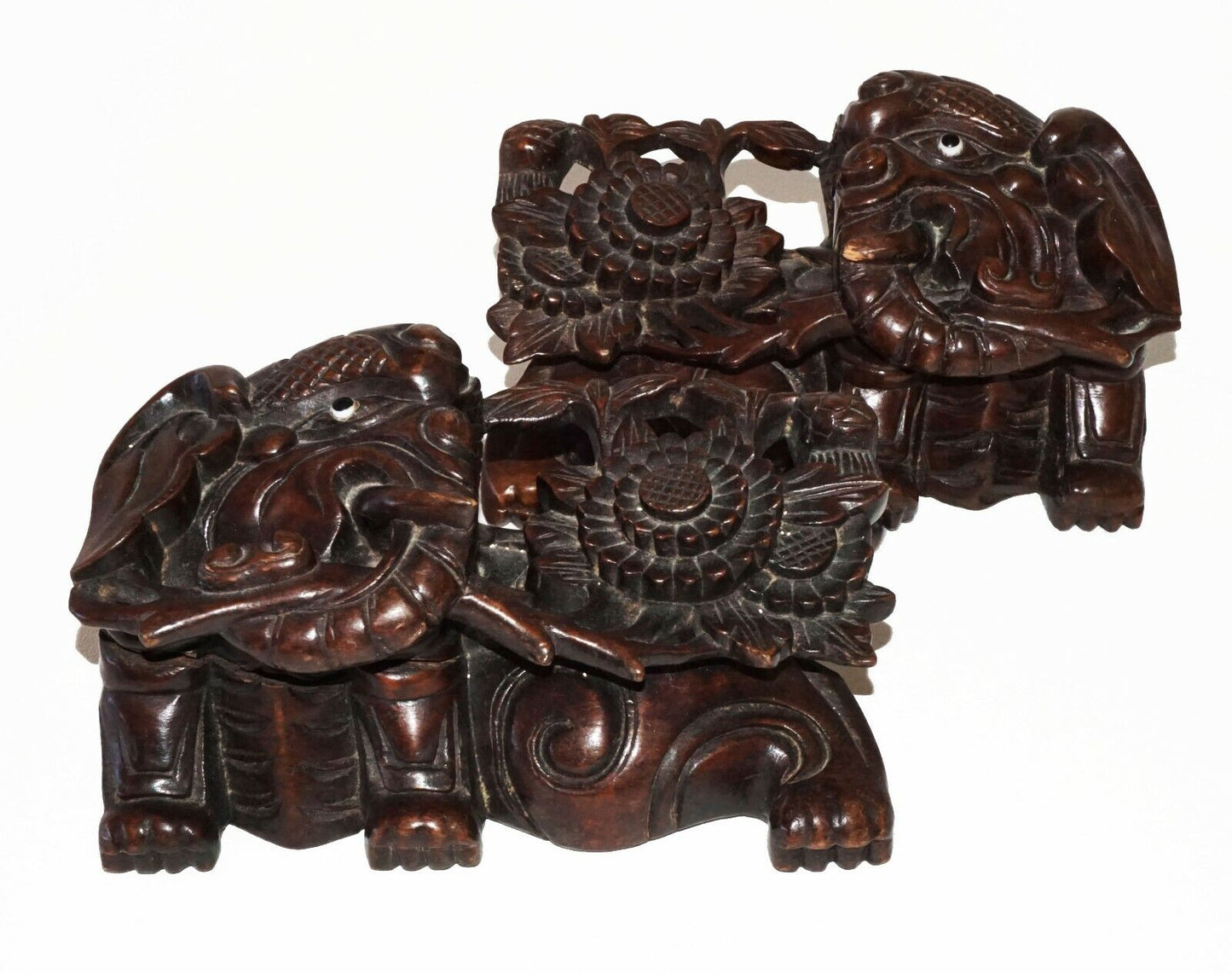 2x-19/20C Chinese Pierced Wood Carved Elephant & Flower Motif Ornaments (Cwo) IC