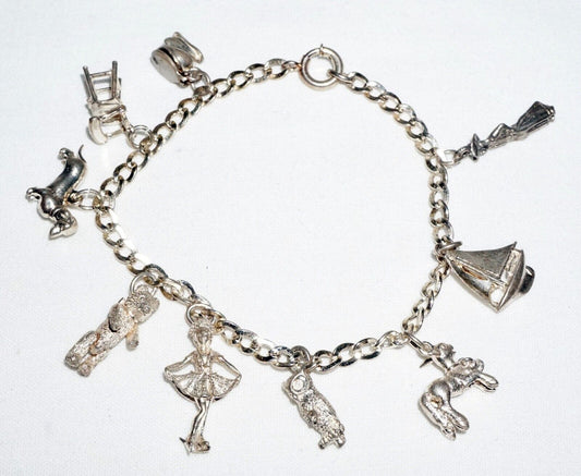 Vintage Sterling Silver Charm Bracelet w. 9x Charms Ballerina Wiener Dog (BrM)#6