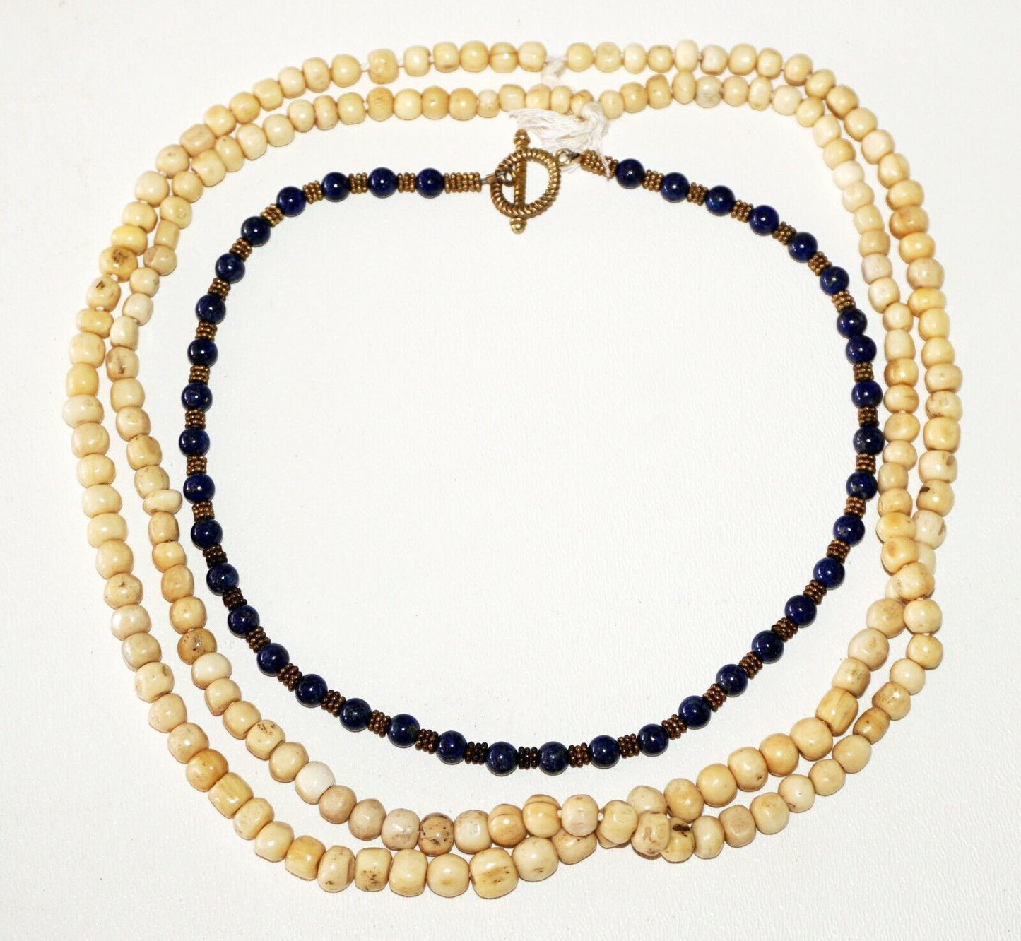 2+1x Antique Bone Bead & Brass & Lapis Lazuli Bead Necklaces (Bsg)#38