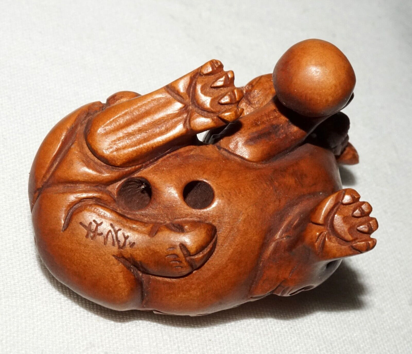 Vintage Japanese Wooden Carved Netsukes Lion Dog w. Ball Motif Signed (FeH