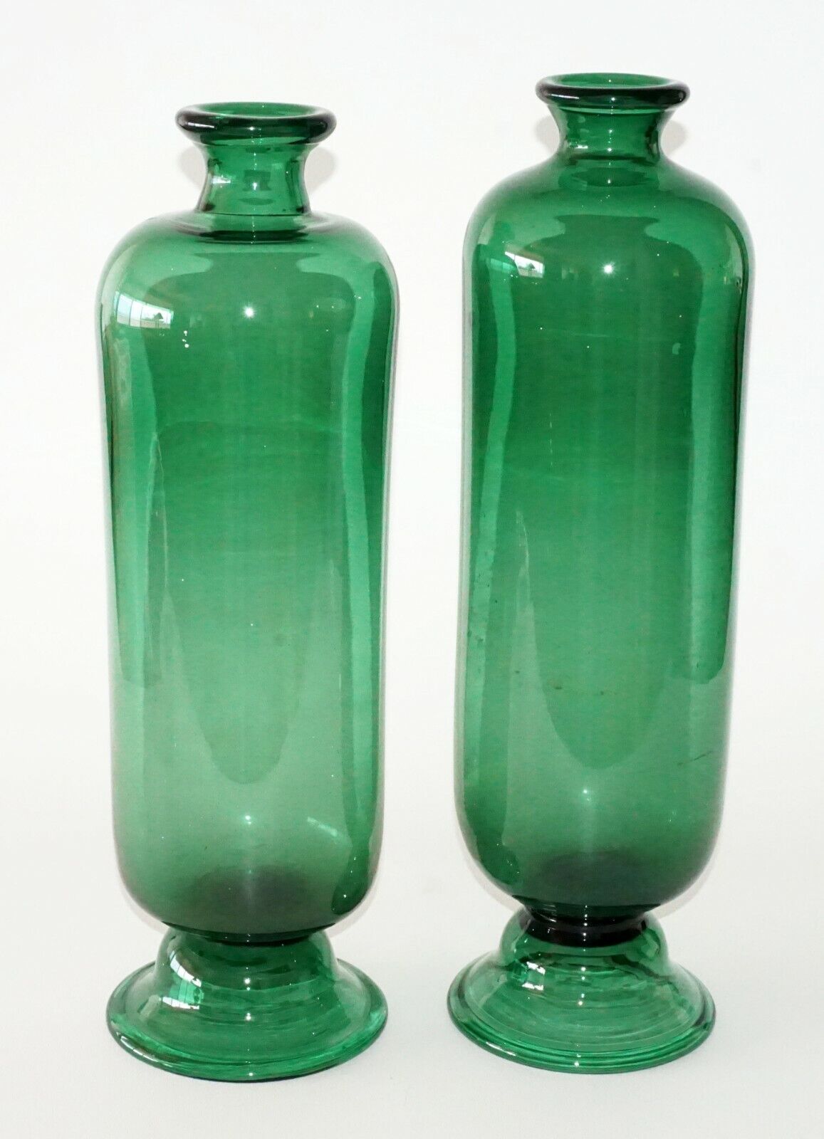 19C Pair English Birmingham 18" Tall Footed Green Glass Bottle Vases (FLA)