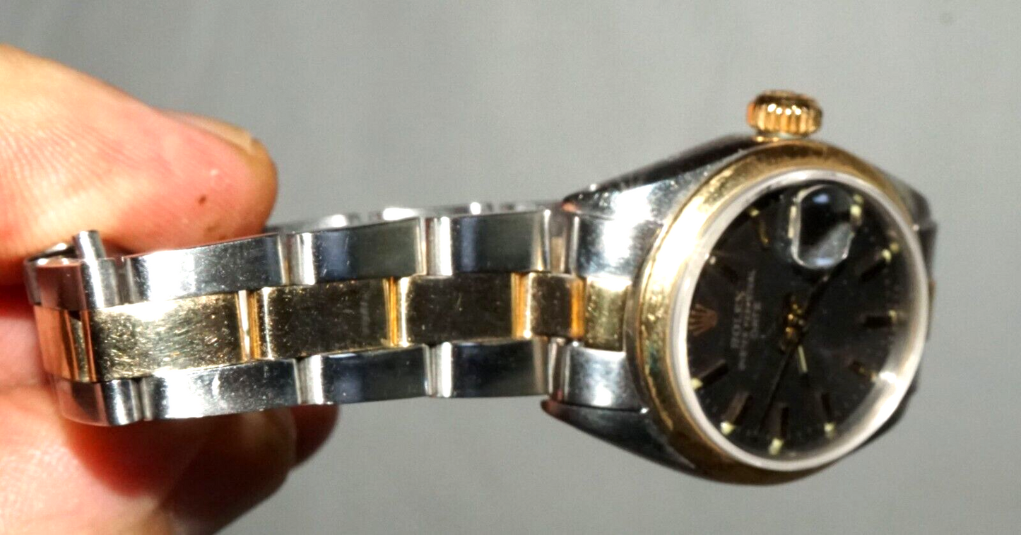 1970s Rolex DateJust Woman's Wristwatch Stainless & Gold & Black Dial (MHB)