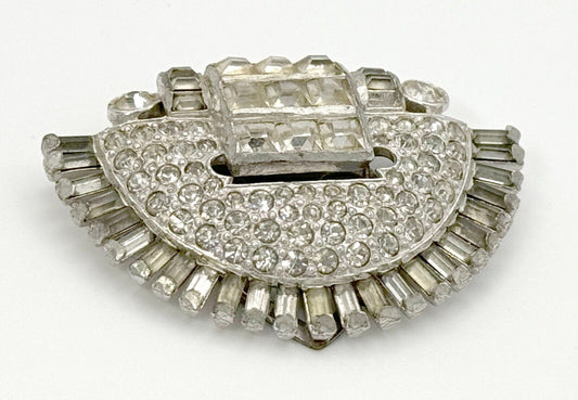 Vintage Silver Tone Rhinestone Dress Clip w Round & Square Stones (McC)