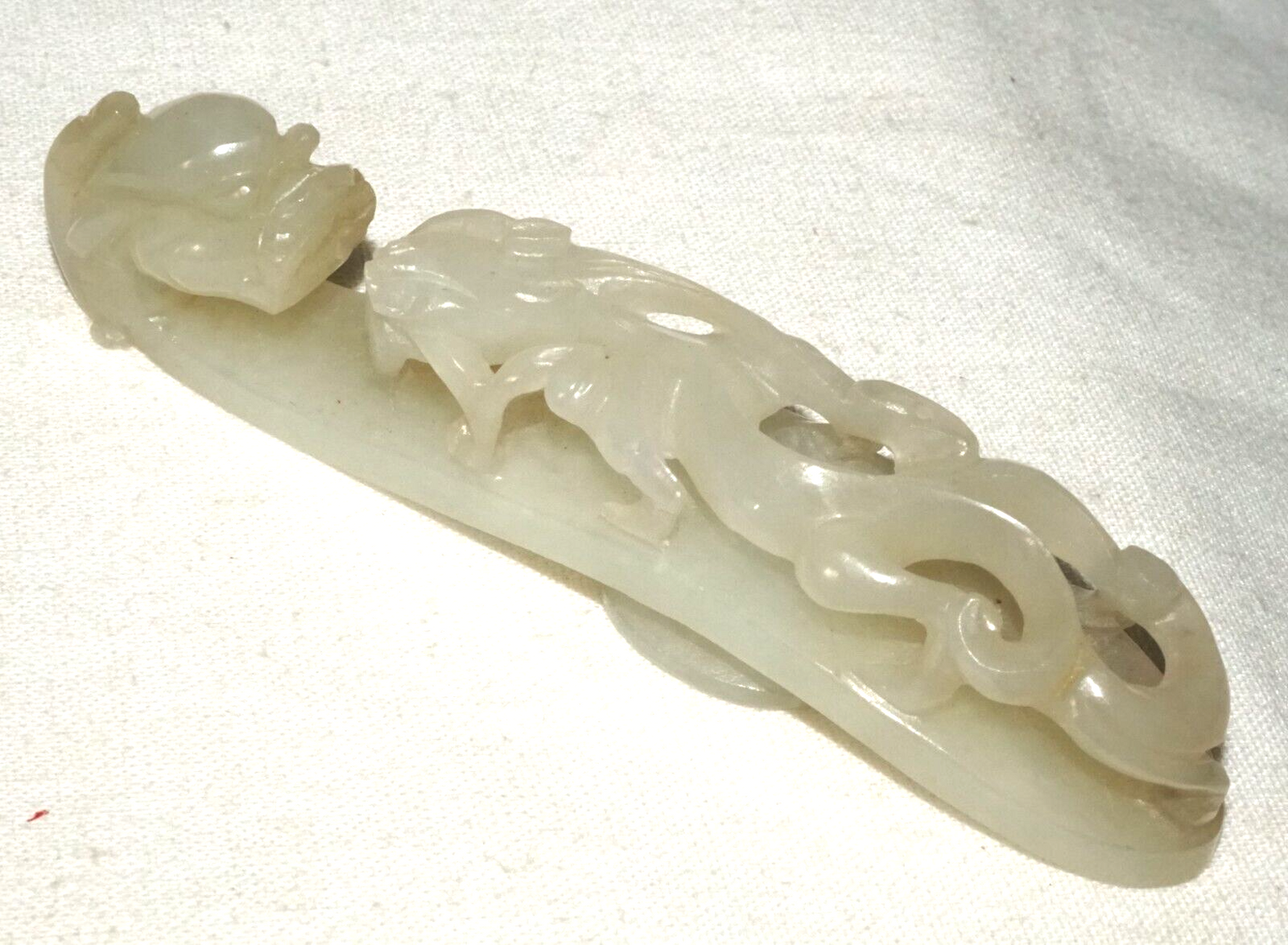 Antique Chinese Grey Green Nephrite Jade Dragon Belt Hook (UVi)#22