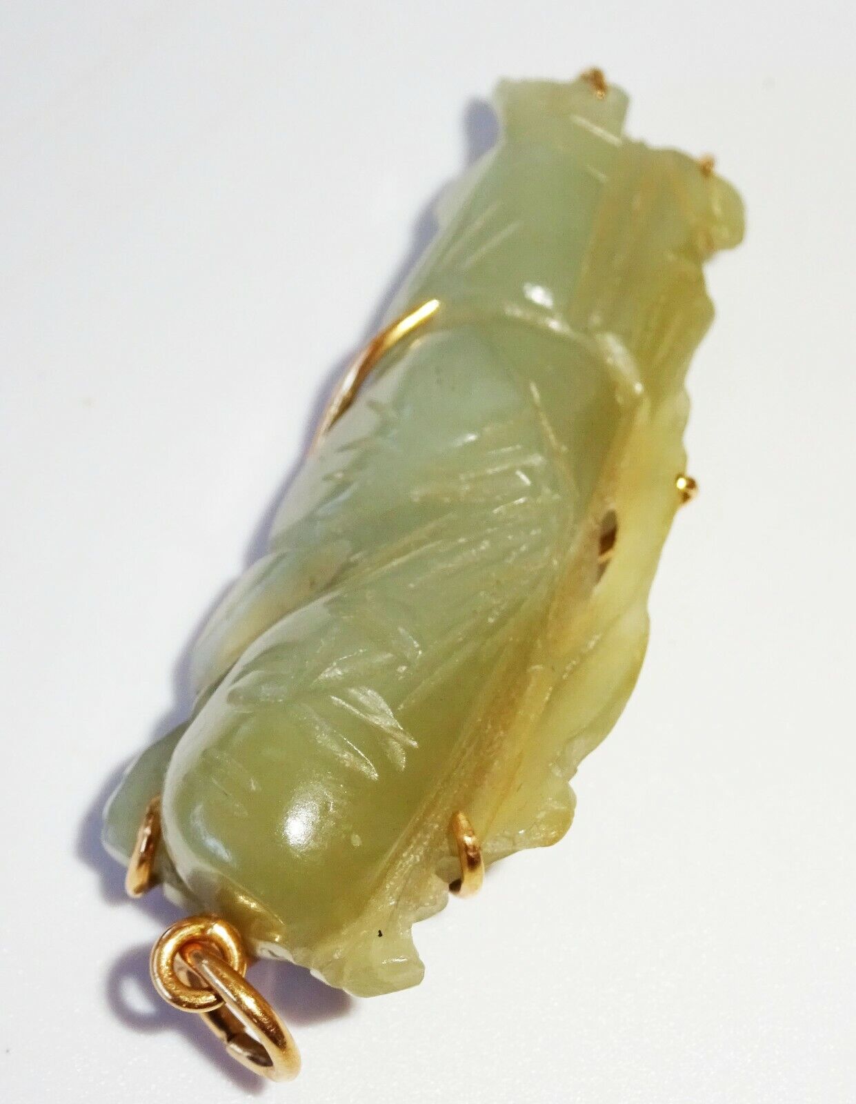 19C Chinese Nephrite Jade Carved 14K Yellow Gold Pendant God Long-life (FeO)#28