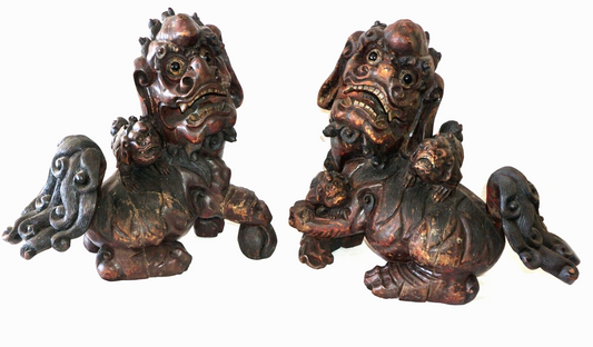 Pair Vintage Chinese Large Carved Assembled Hardwood Lion Dogs Inset Eyes (ChB)