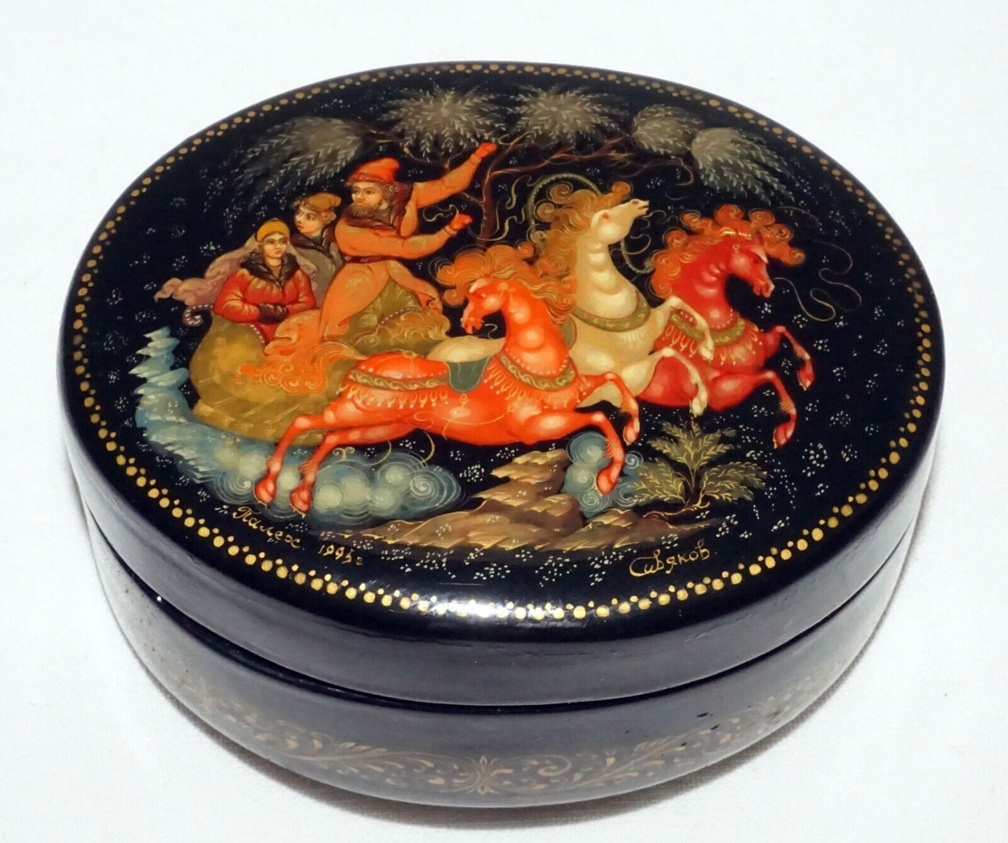 Vintage Russian Lacquer Box Three Figures in a Horse Drawn Sleigh signed (AHB)