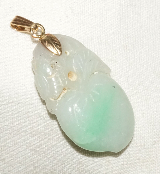 Vintage Chinese White & Apple Green Jadeite Jade Peach Motif Pendant (InS)L6