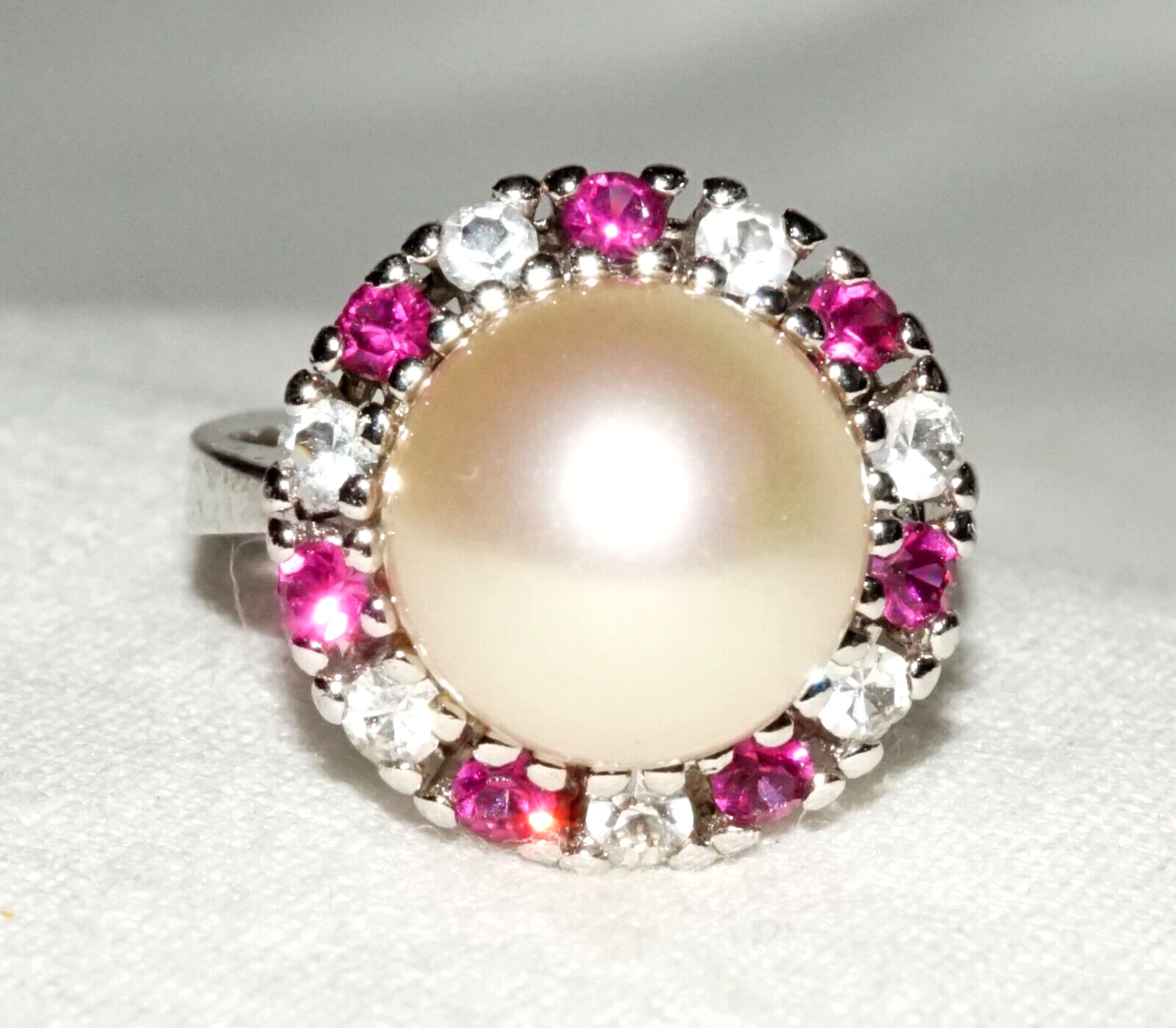 Vintage Sterling Silver Ring Sz. 5.25 w. Faux Pearl & Synthetic Stones (KoS) L17