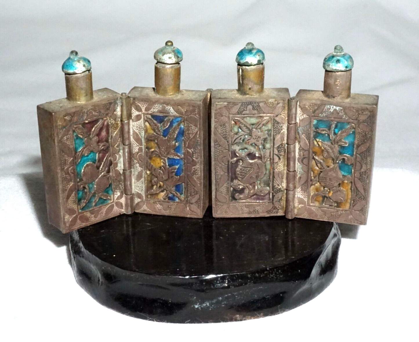 Antique Chinese Silver & Enamel Hinged 4x Snuff Bottle w. Characters (LLA) IC