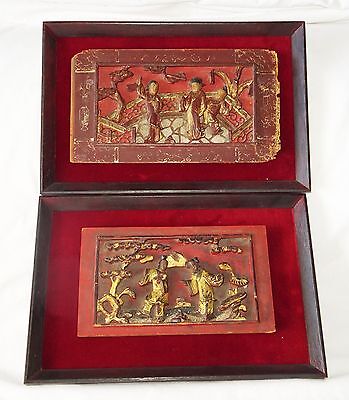 2x 19CT Chinese Framed Carved Red Panels of Scenes w. Figures in Gilt (Gem)