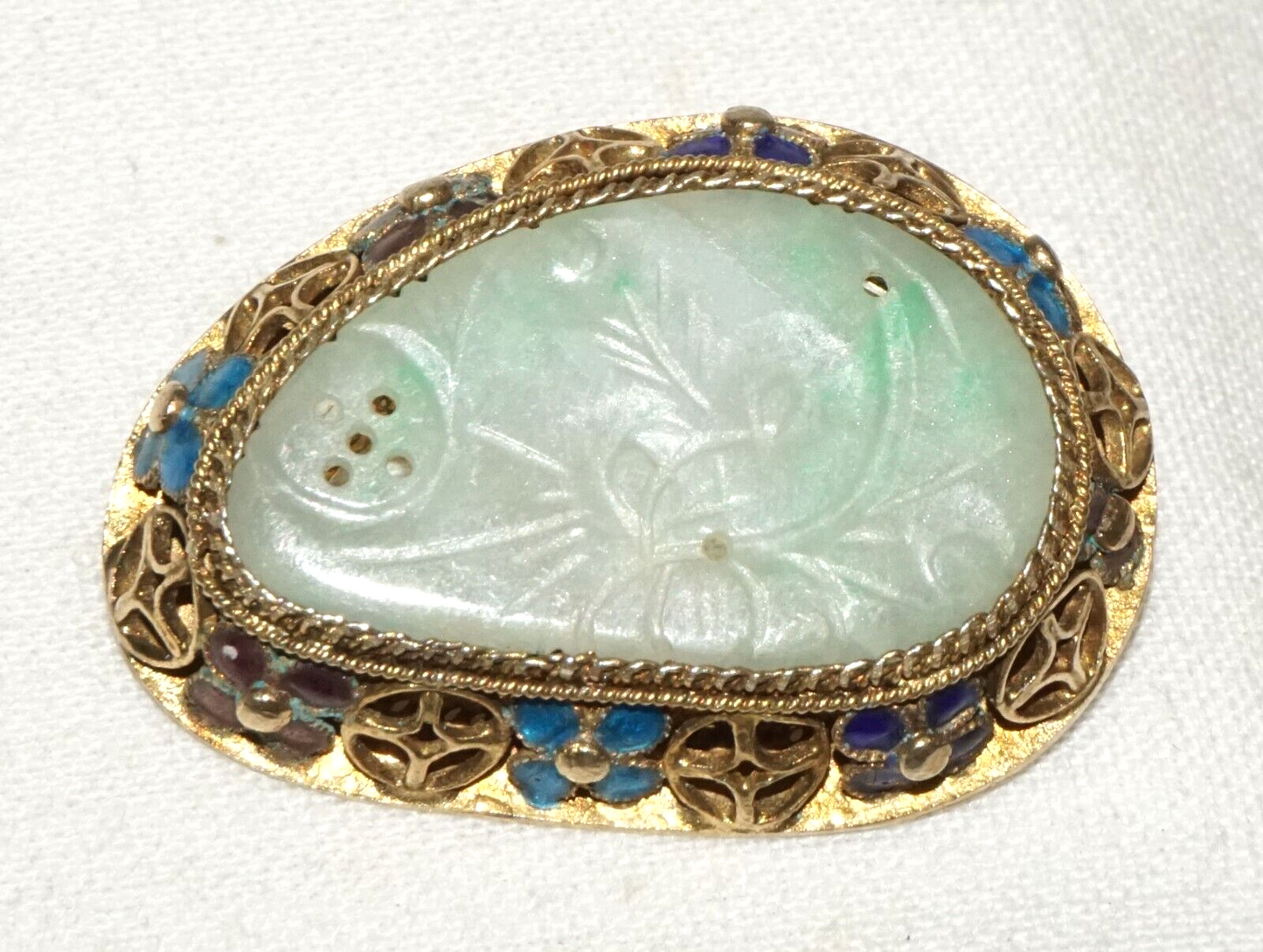 Antique Chinese Silver Filigree & Enamel Brooch set w. Jadeite Jade (InS)#L1-2