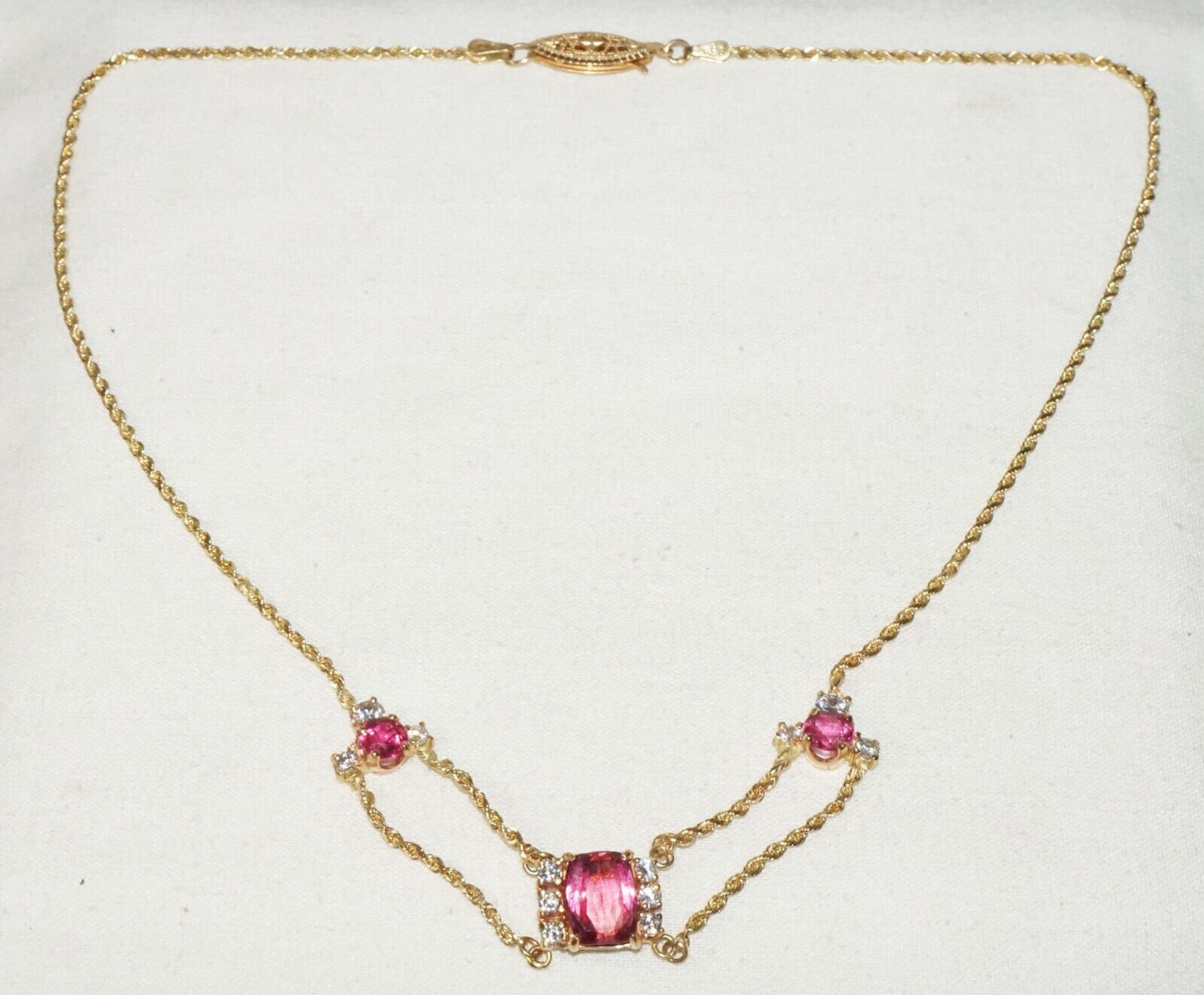 Vintage 14k Yellow Gold Rope Chain Necklace w. 3x Tourmalines & 12x CZ (GoB) #15